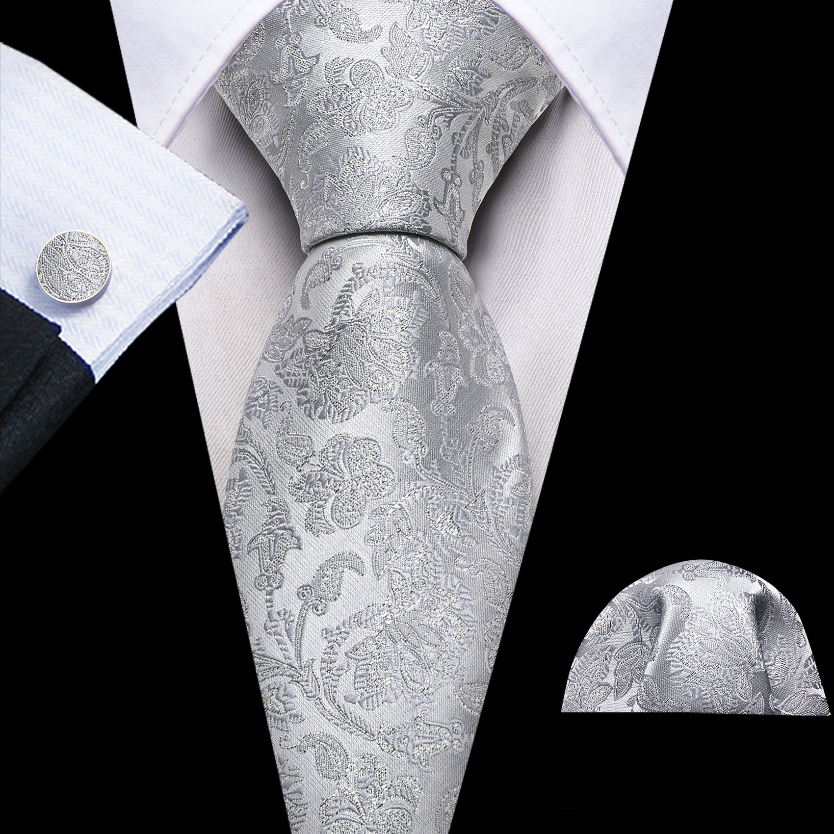 Grey Silver Paisley Silk Tie Handkerchief Cufflinks Set