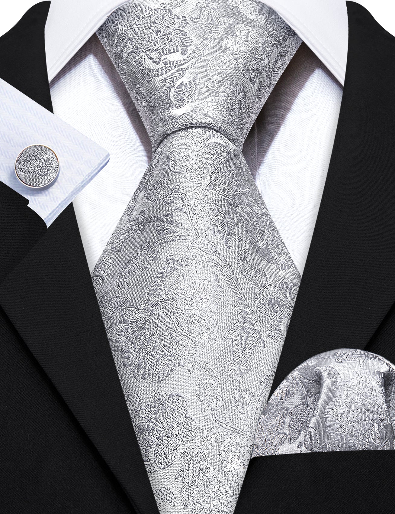 Grey Silver Paisley Silk Tie Handkerchief Cufflinks Set