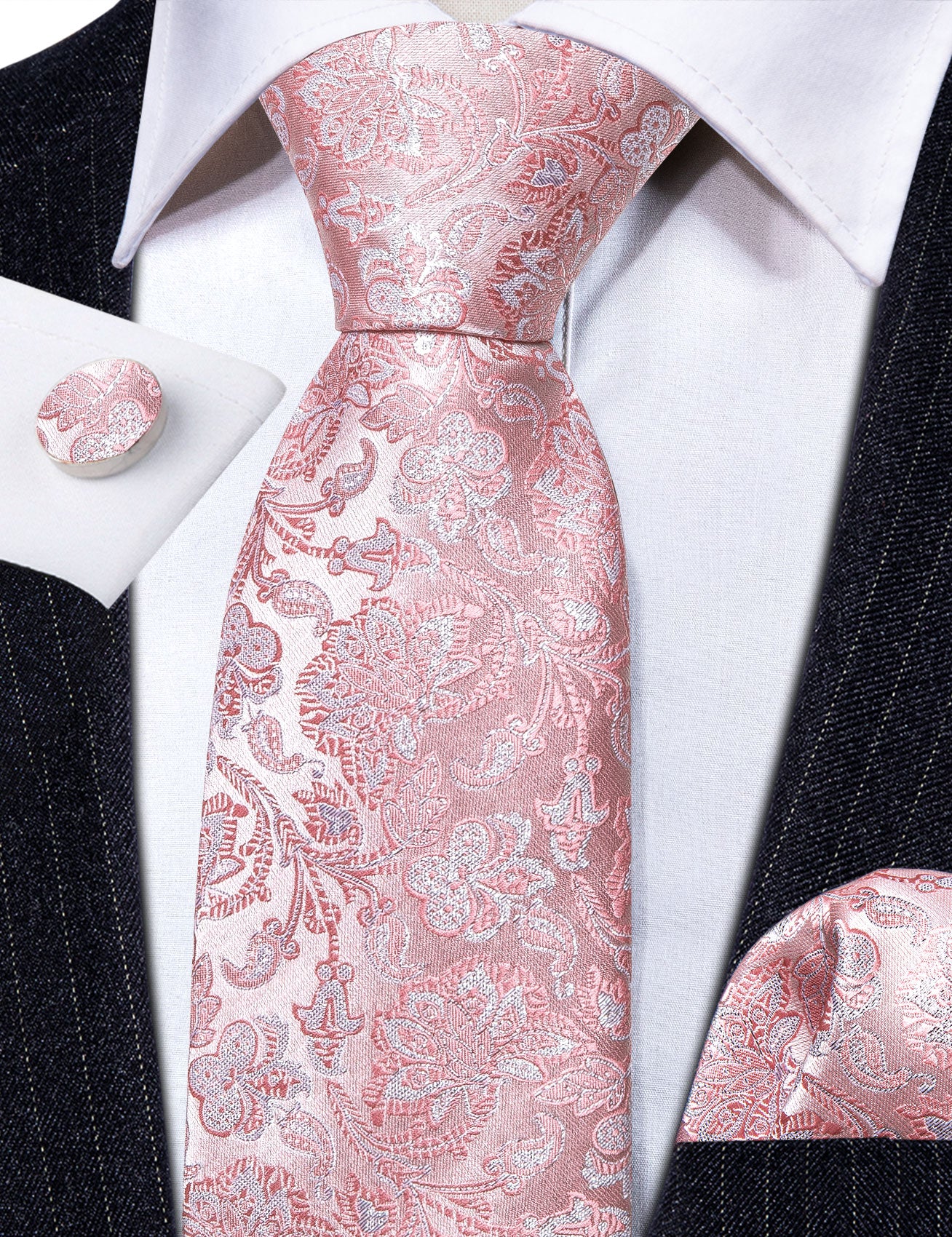 Bright Pink White Paisley Silk Tie Handkerchief Cufflinks Set