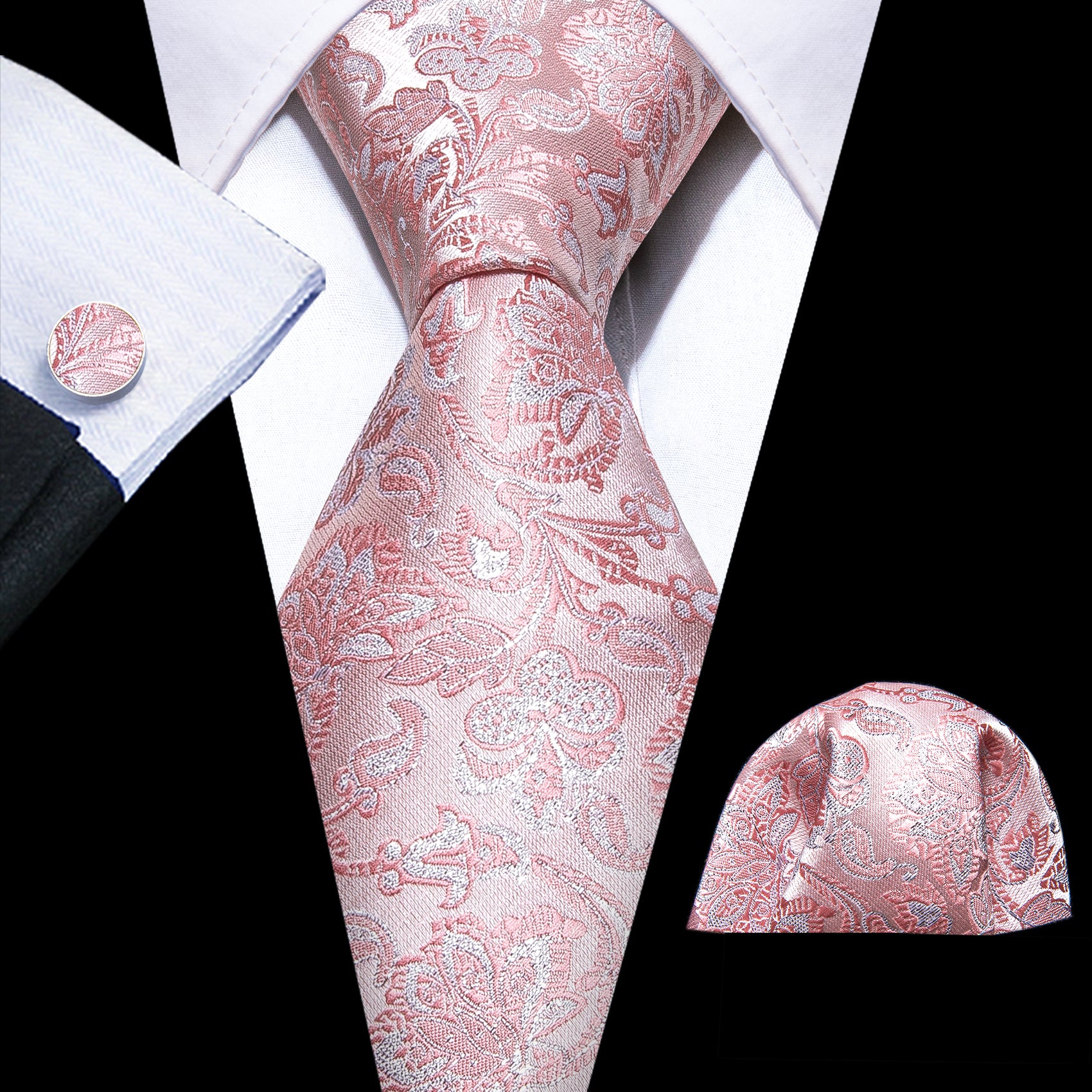 Bright Pink White Paisley Silk Tie Handkerchief Cufflinks Set