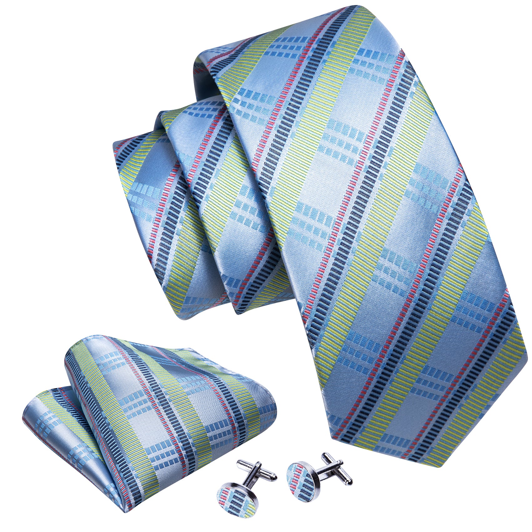 Turquoise Blue Striped Tie Handkerchief Cufflinks Set