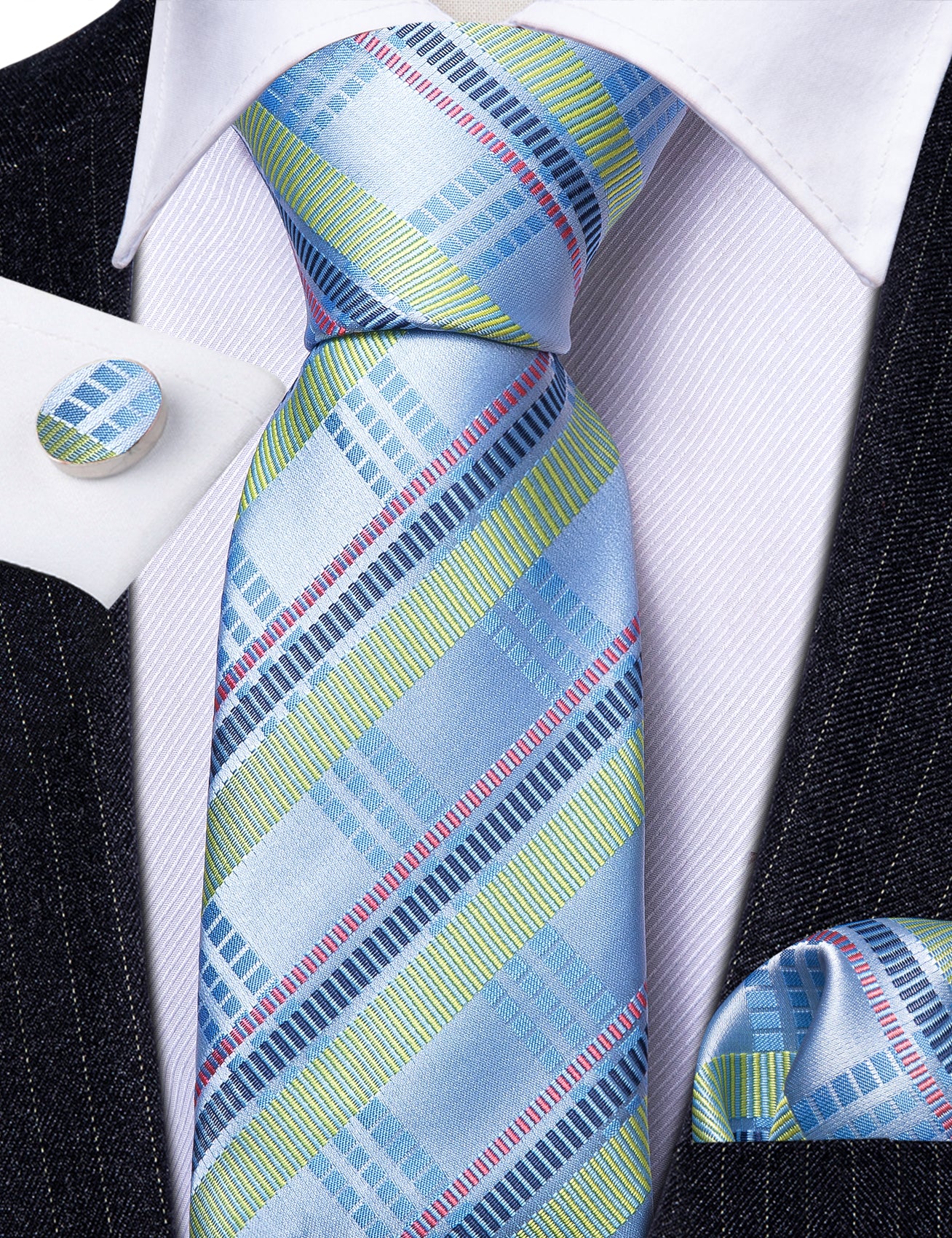 Turquoise Blue Striped Tie Handkerchief Cufflinks Set