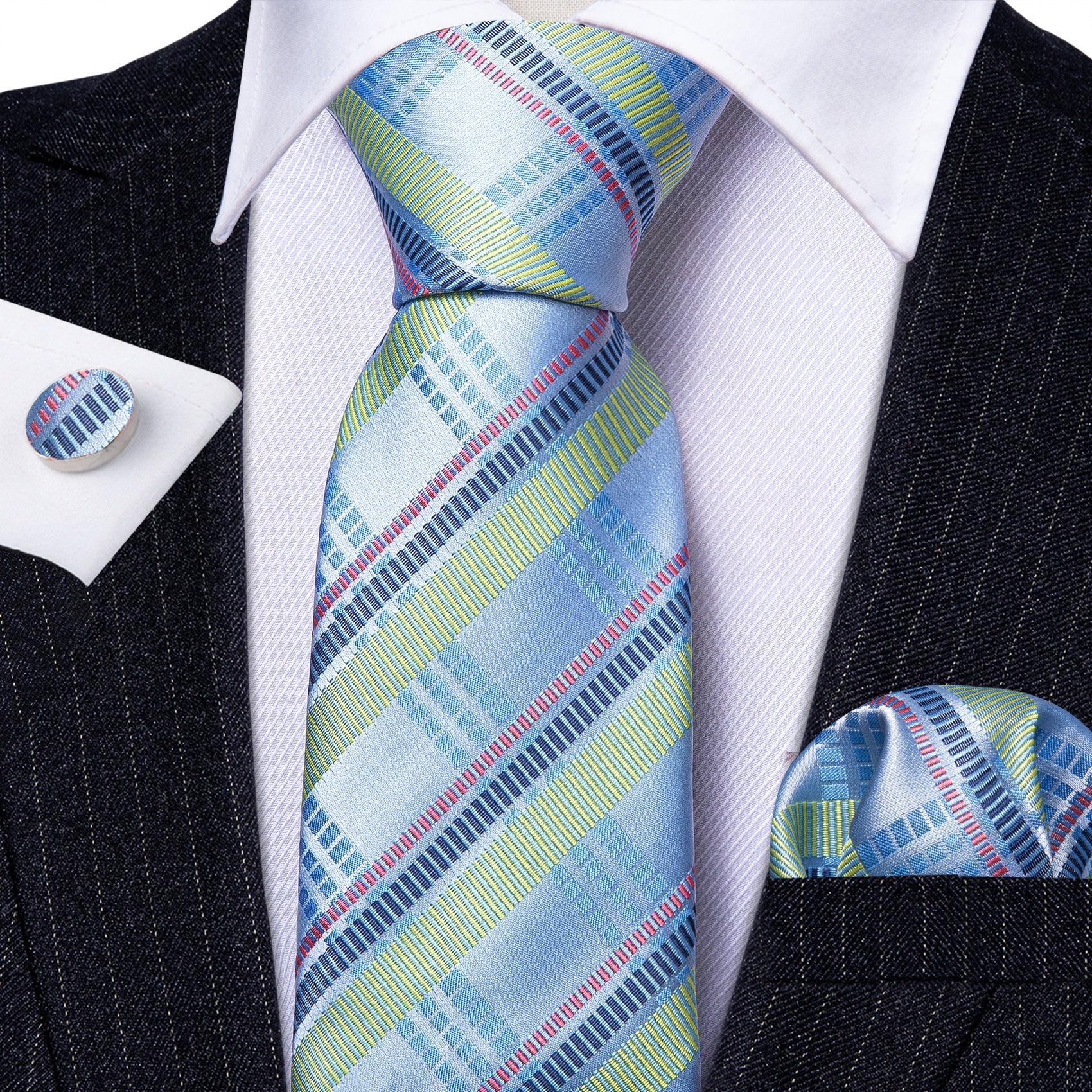 Barry.Wang Blue Tie Turquoise Striped Tie Handkerchief Cufflinks Set
