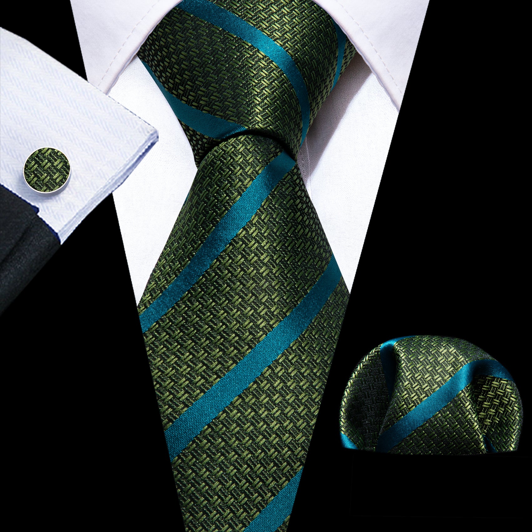 Green Blue Striped Silk Tie Handkerchief Cufflinks Set