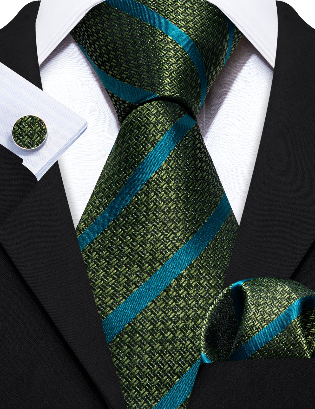 Green Blue Striped Silk Tie Handkerchief Cufflinks Set