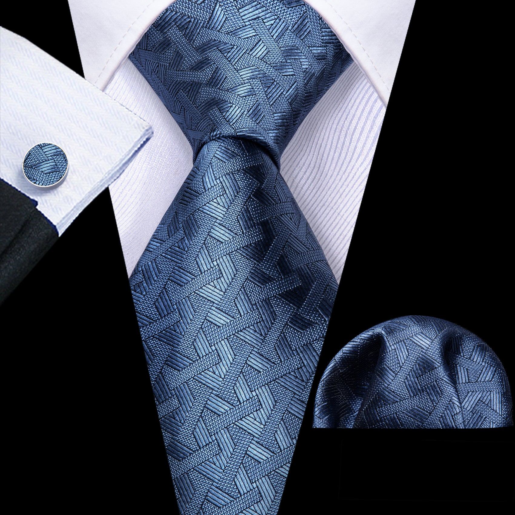 Acid Blue Solid Tie Handkerchief Cufflinks Set