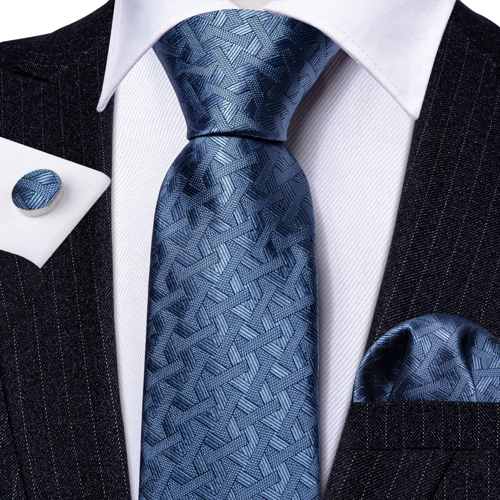 Acid Blue Solid Tie Handkerchief Cufflinks Set