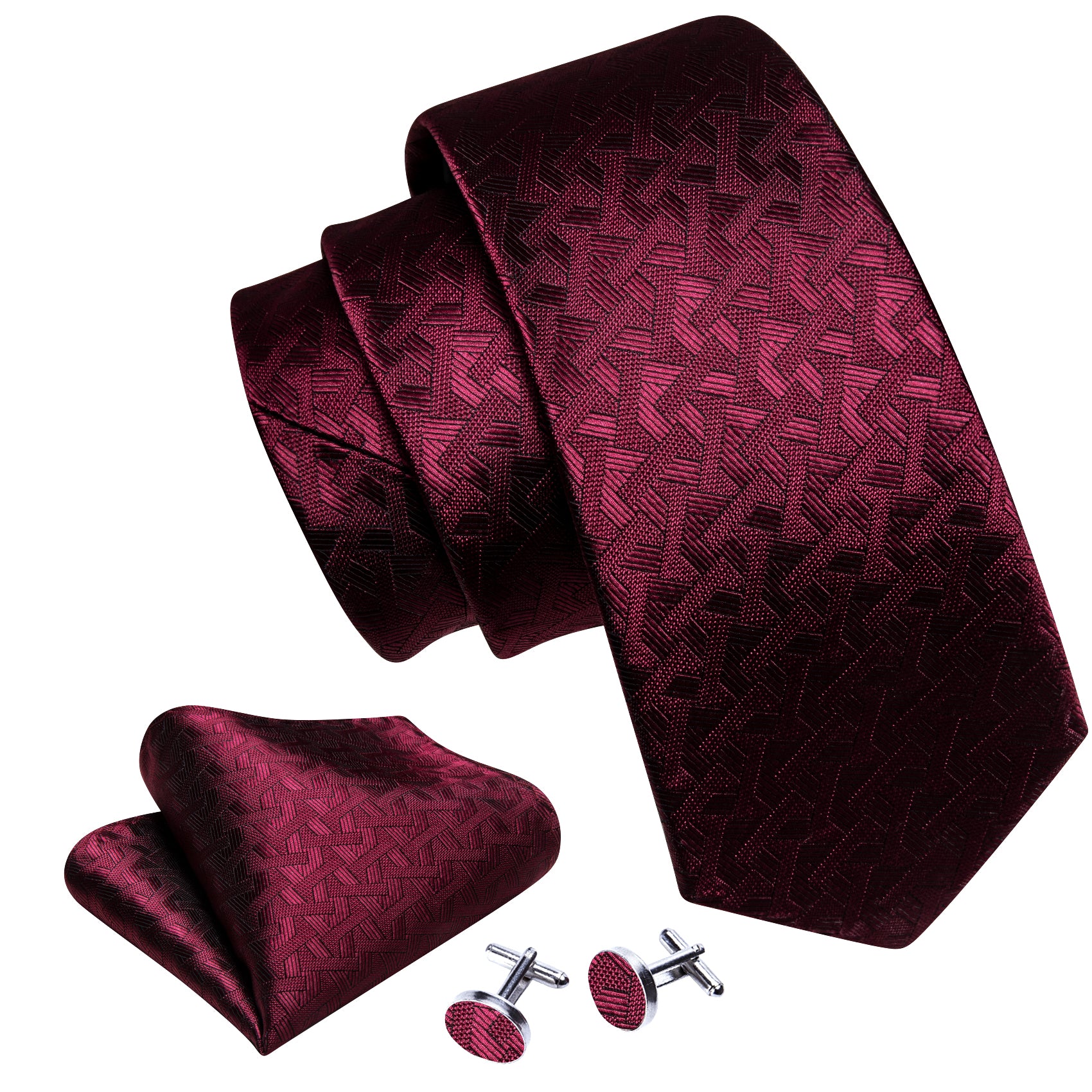Barry.Wang Red Tie Burgundy Geometry Tie Handkerchief Cufflinks Set