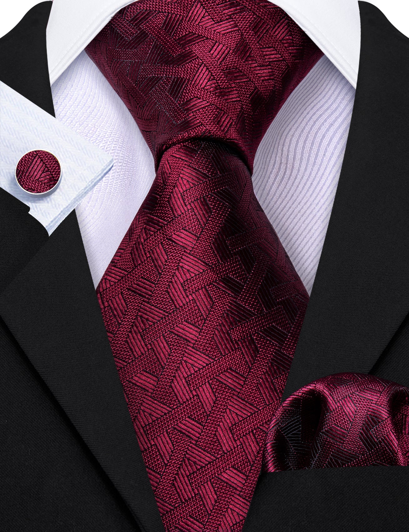 Barry.Wang Red Tie Burgundy Geometry Tie Handkerchief Cufflinks Set