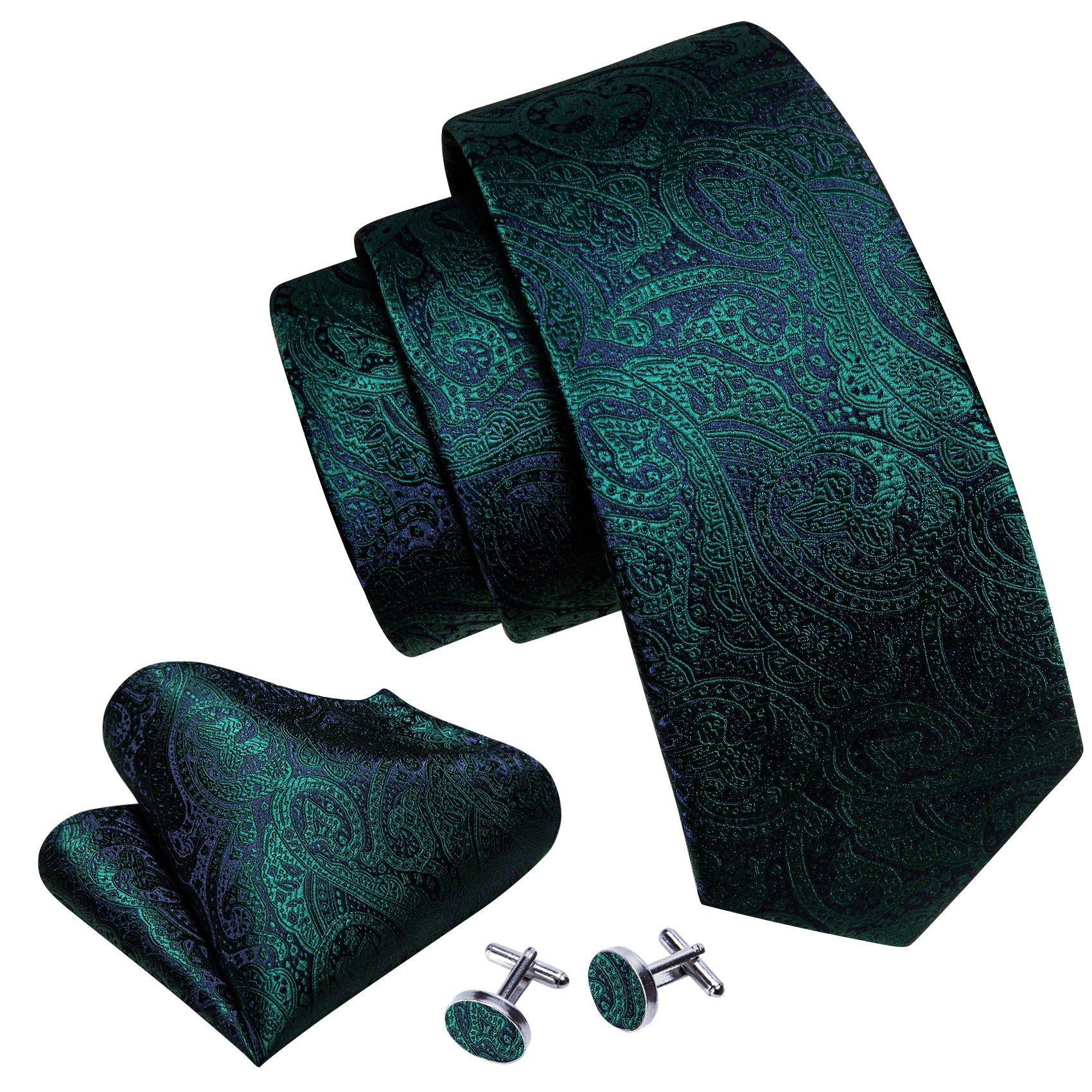 Blue Green paisley Silk Tie Handkerchief Cufflinks Set