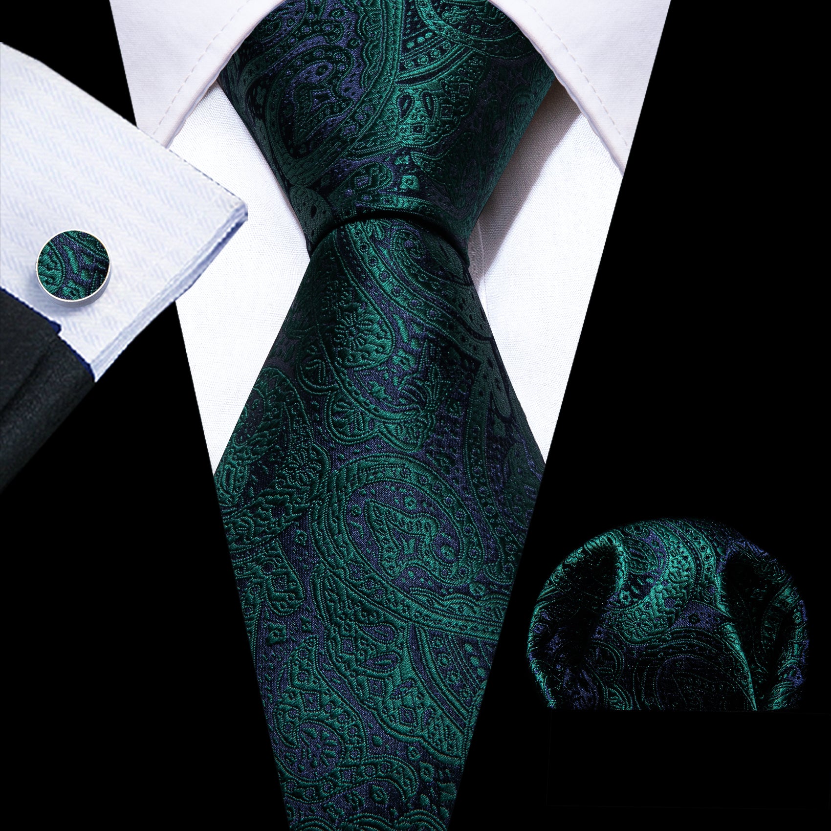  Blue Tie Green paisley Silk Tie Handkerchief Cufflinks Set