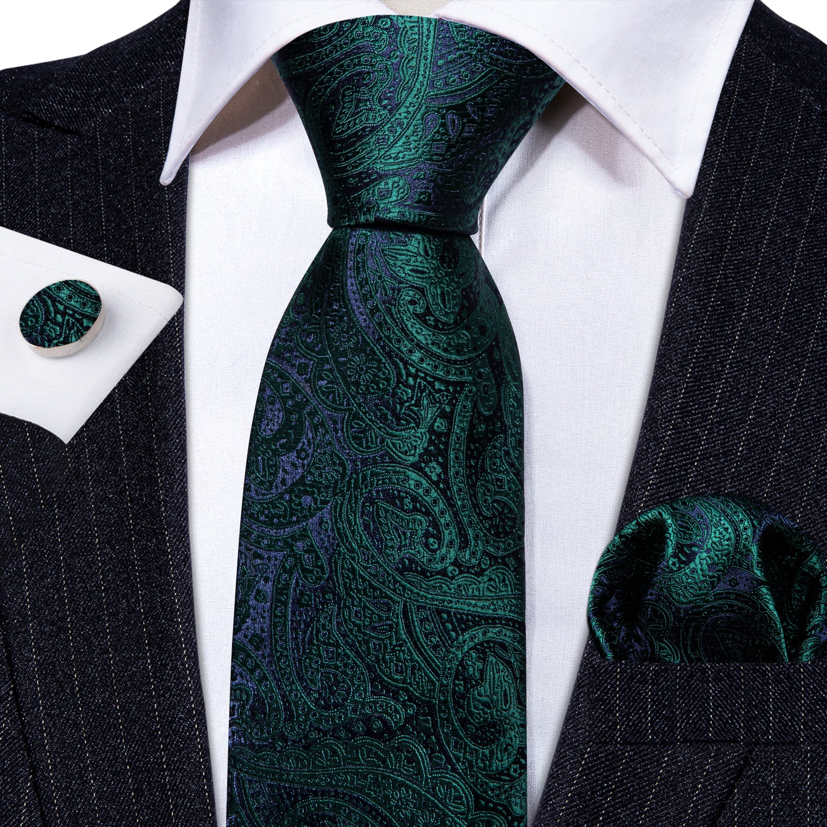  Blue Tie Green paisley Silk Tie Handkerchief Cufflinks Set