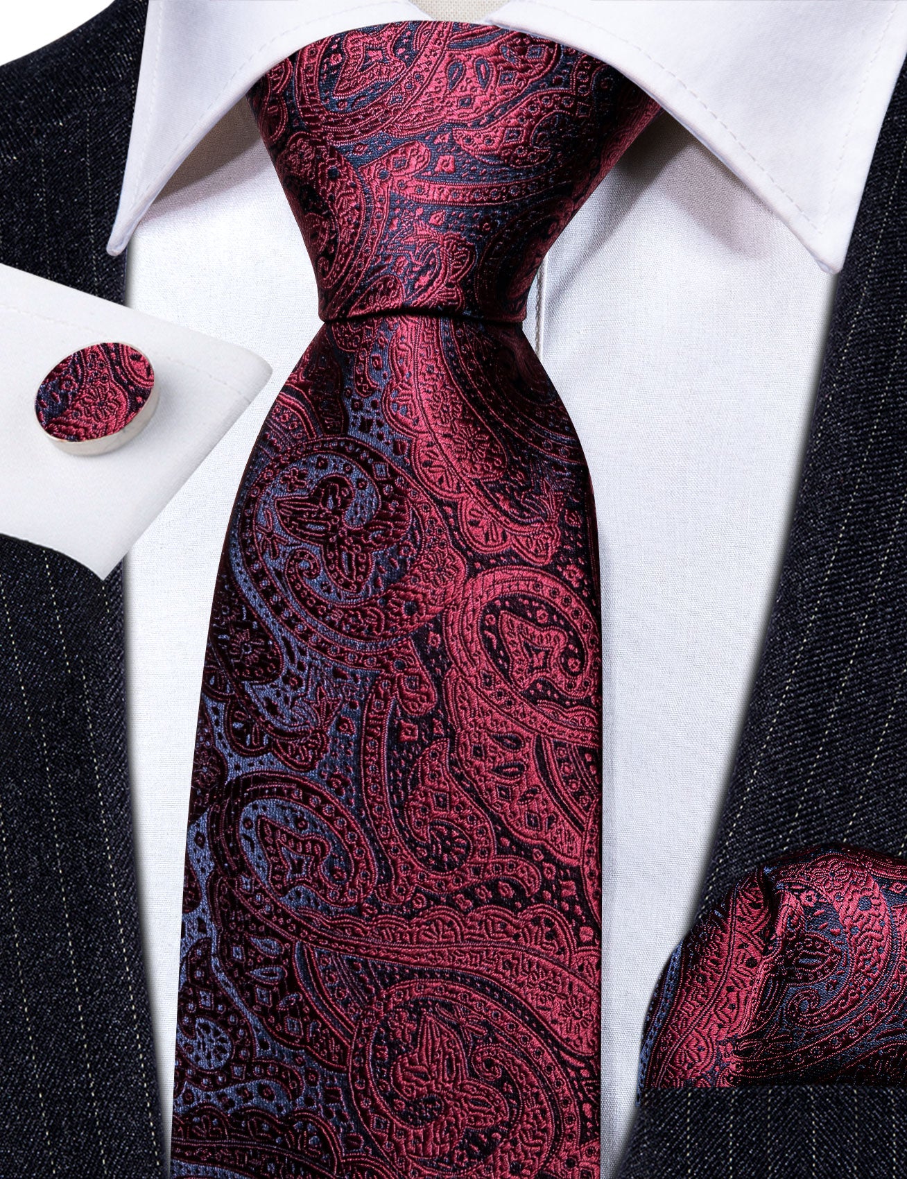 Burgundy Red Blue Paisley Silk Tie Handkerchief Cufflinks Set