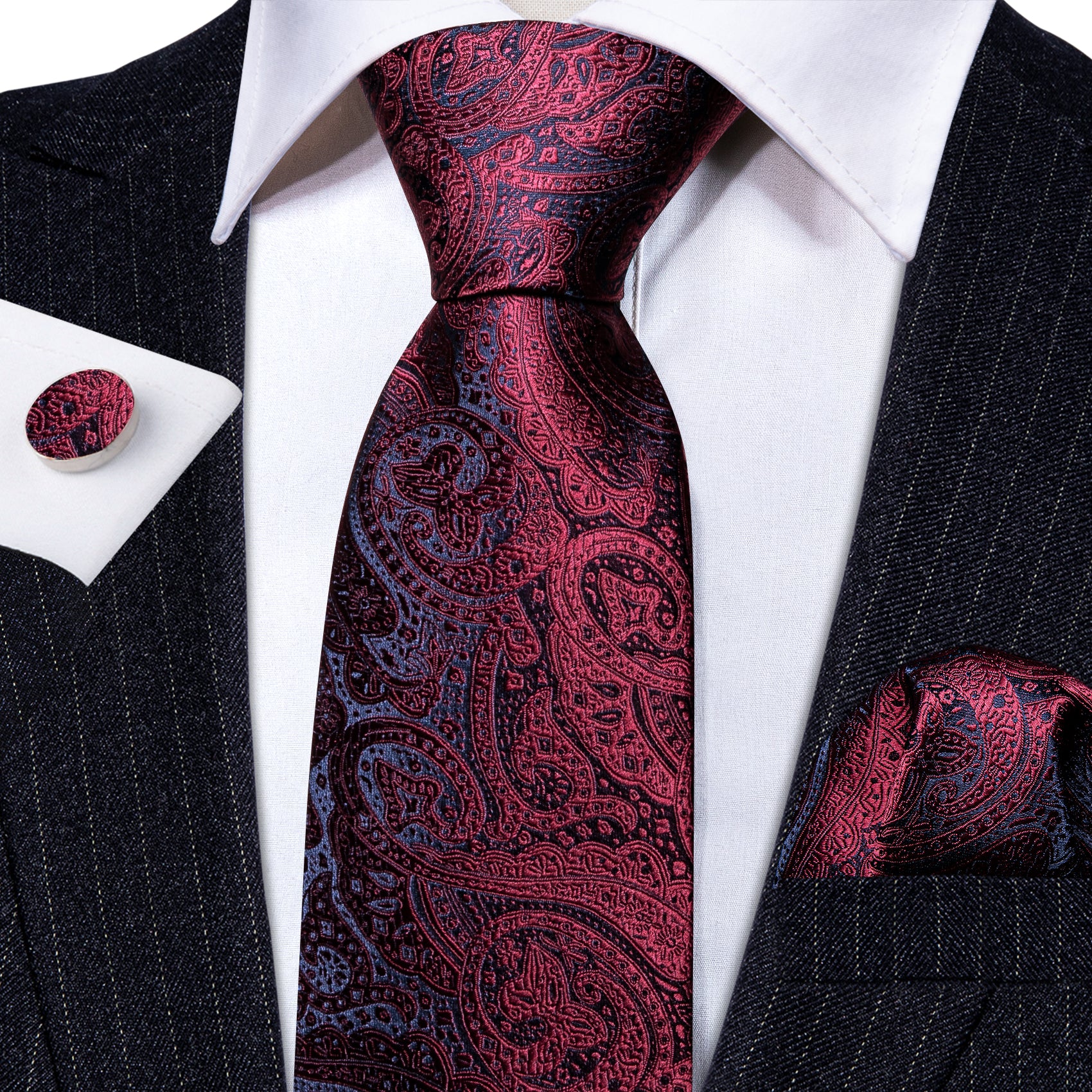 Burgundy Red Blue Paisley Silk Tie Handkerchief Cufflinks Set
