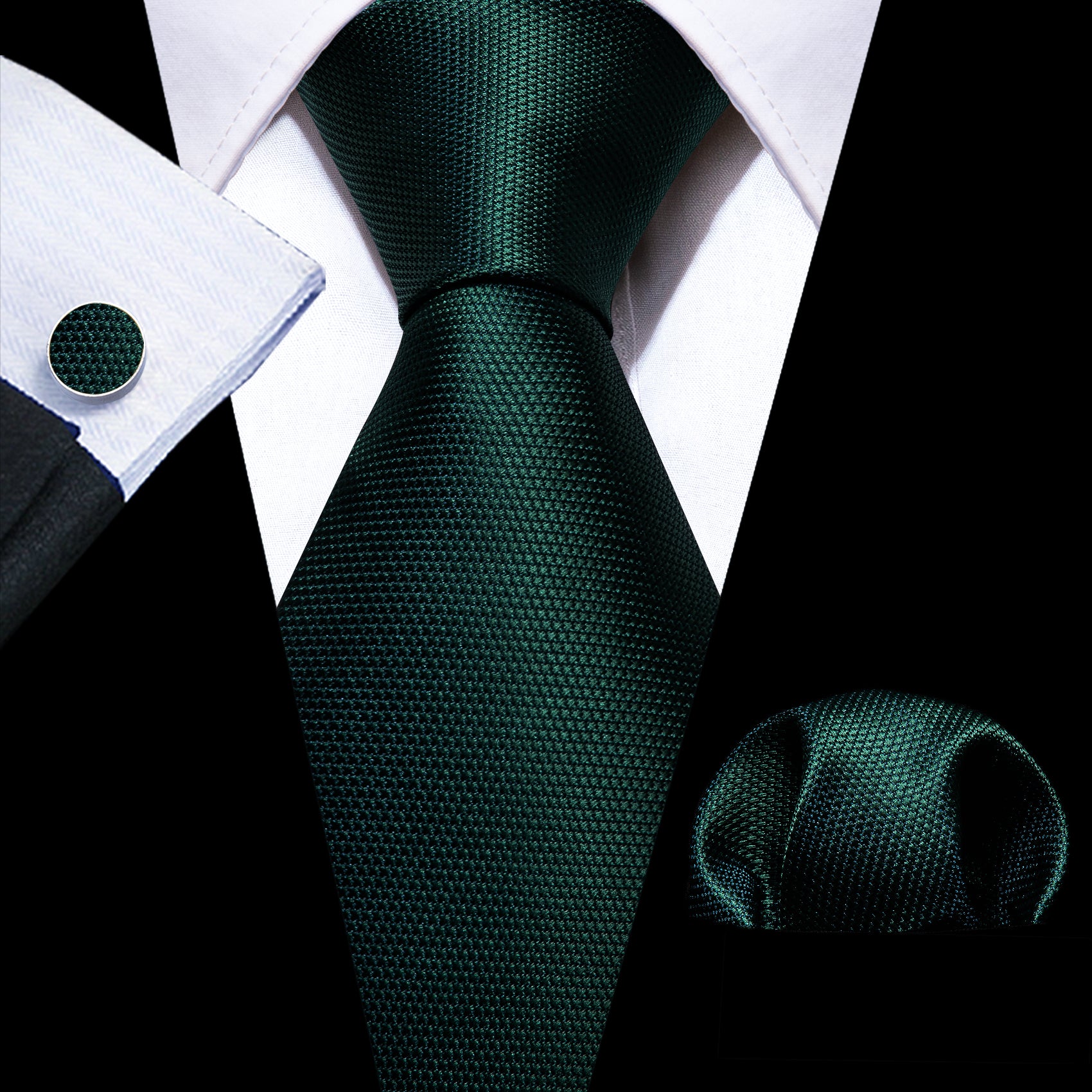 Fashion Green Solid Silk Tie Handkerchief Cufflinks Set