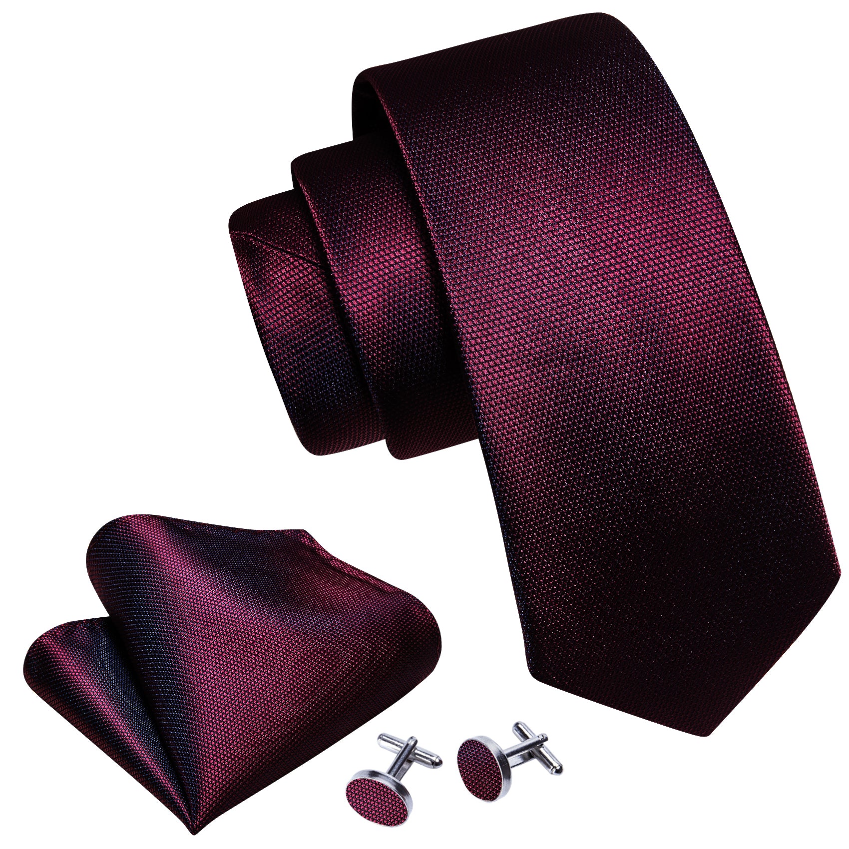 Burgundy Red Solid Silk Tie Handkerchief Cufflinks Set