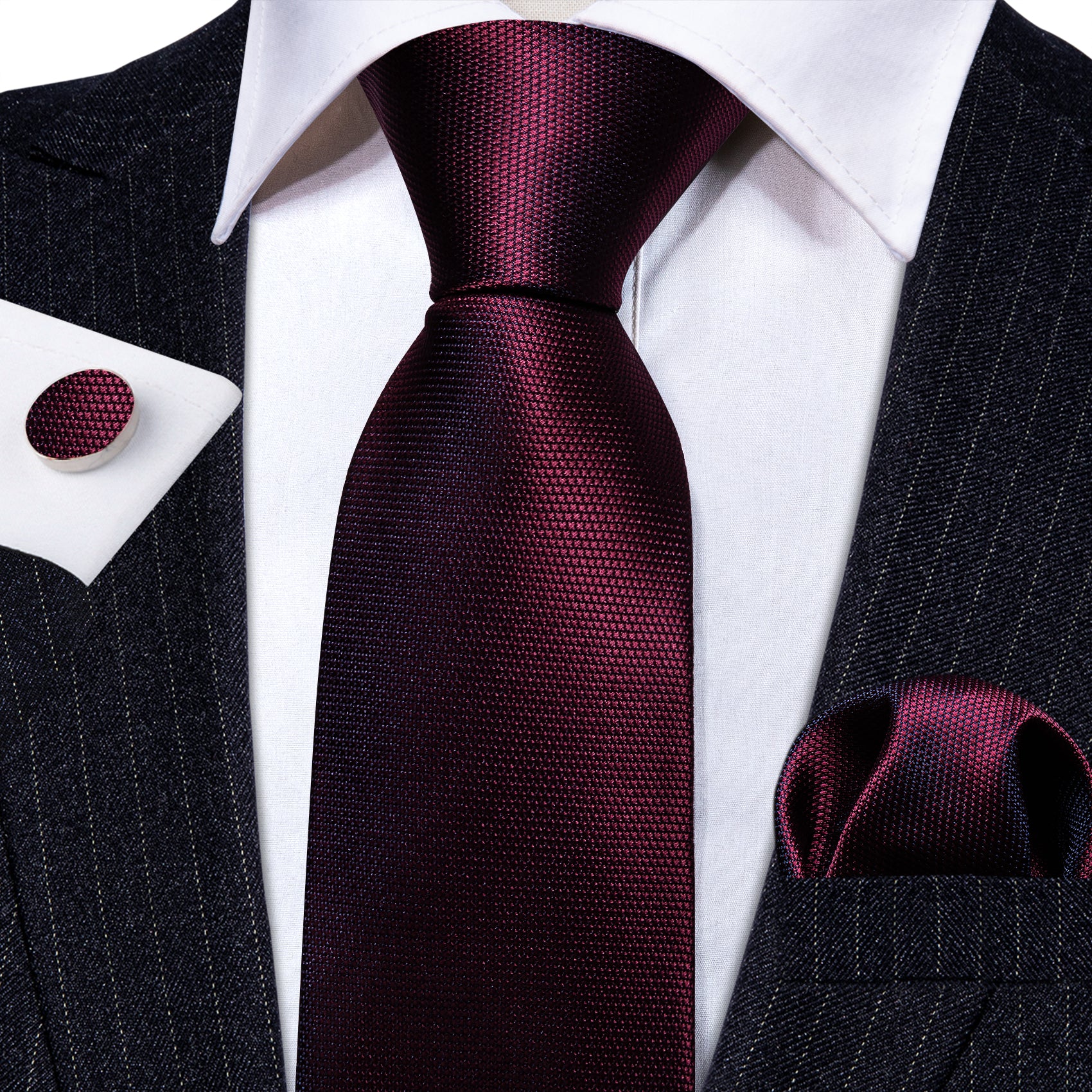 Burgundy Red Solid Silk Tie Handkerchief Cufflinks Set