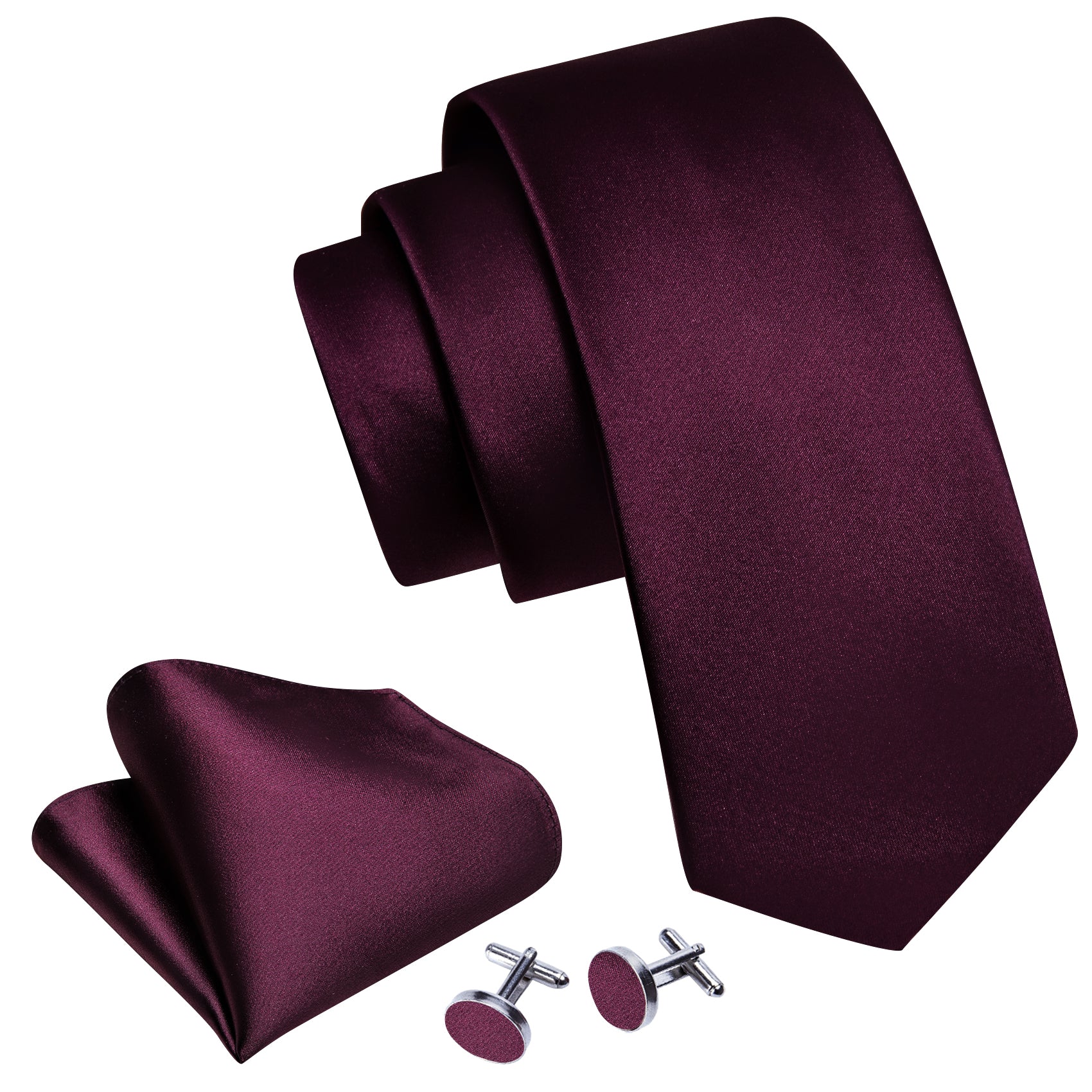 Barry.wang Solid Tie Wine Red Silk Tie Handkerchief Cufflinks Set for Men