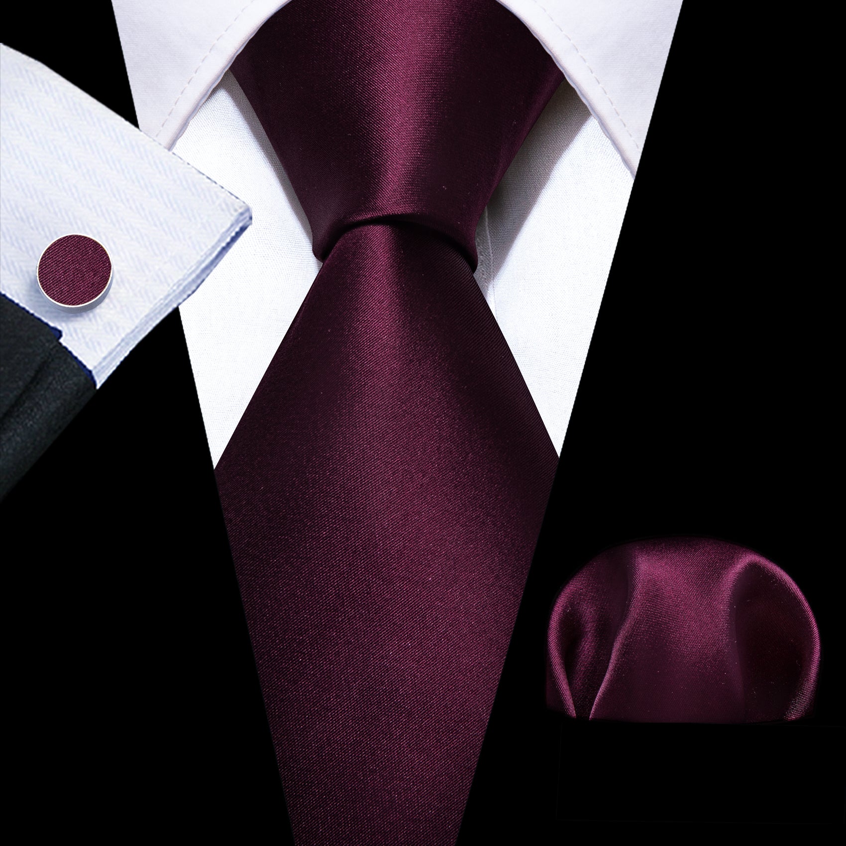 Barry.wang Solid Tie Wine Red Silk Tie Handkerchief Cufflinks Set for Men