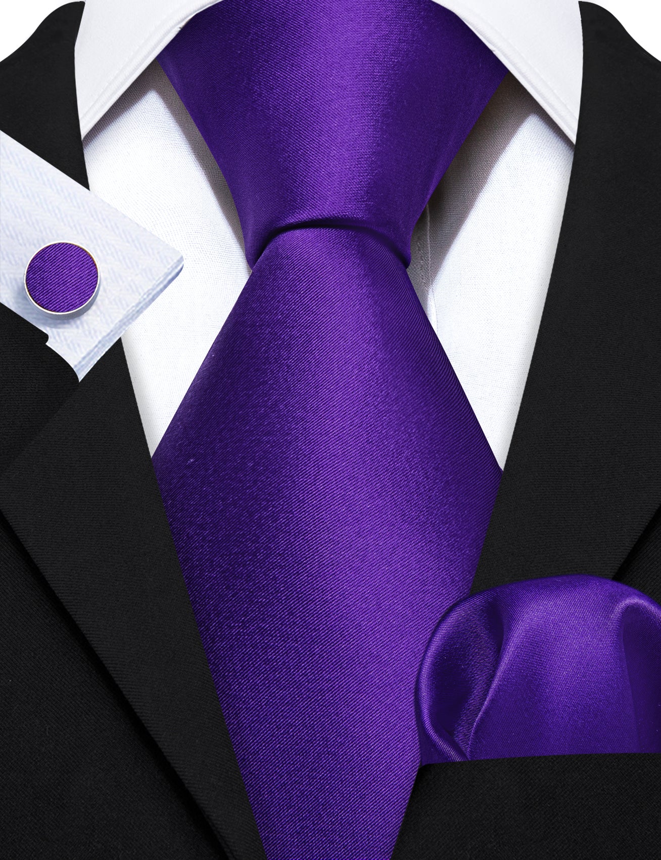 Violet Solid Silk Tie Handkerchief Cufflinks Set
