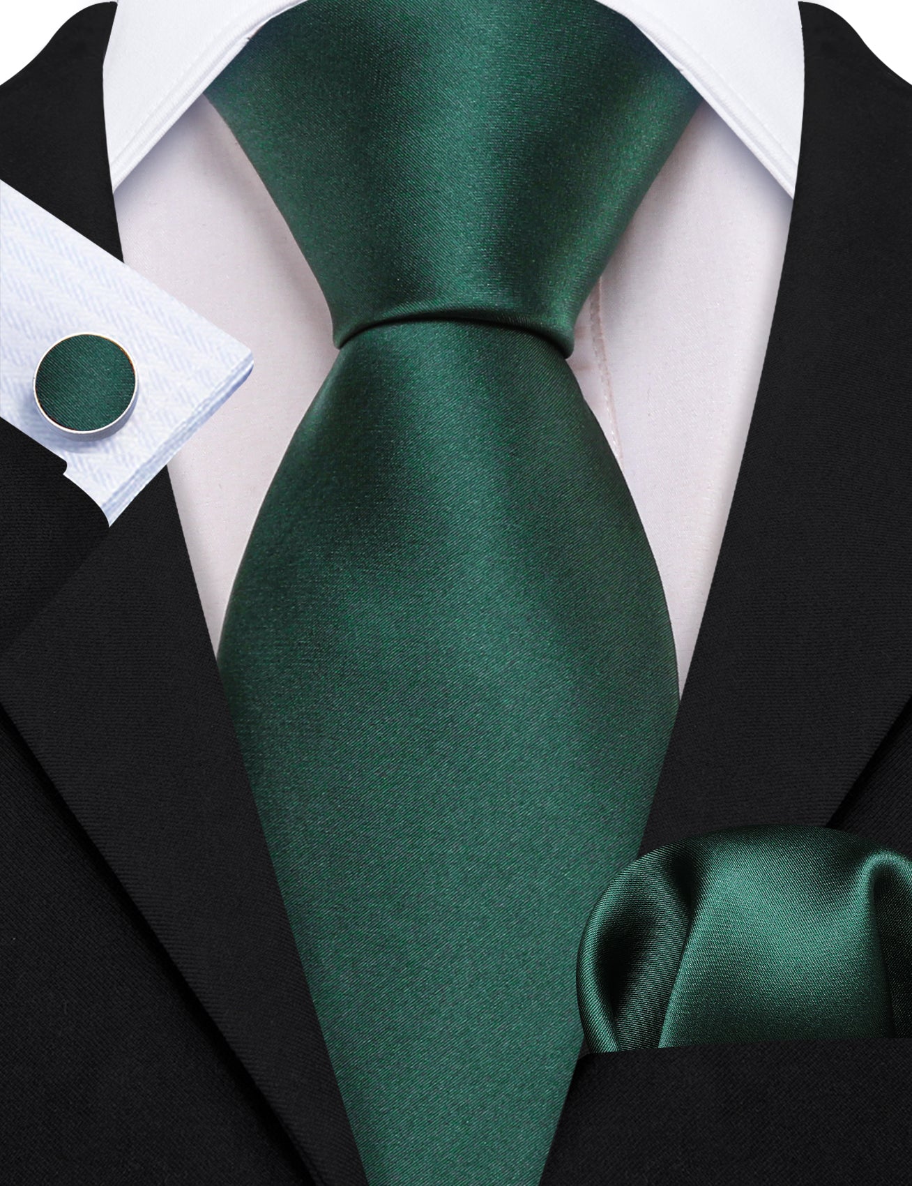 Barry. Wang Emerald Green Solid Silk Mens Tie Handkerchief Cufflinks S