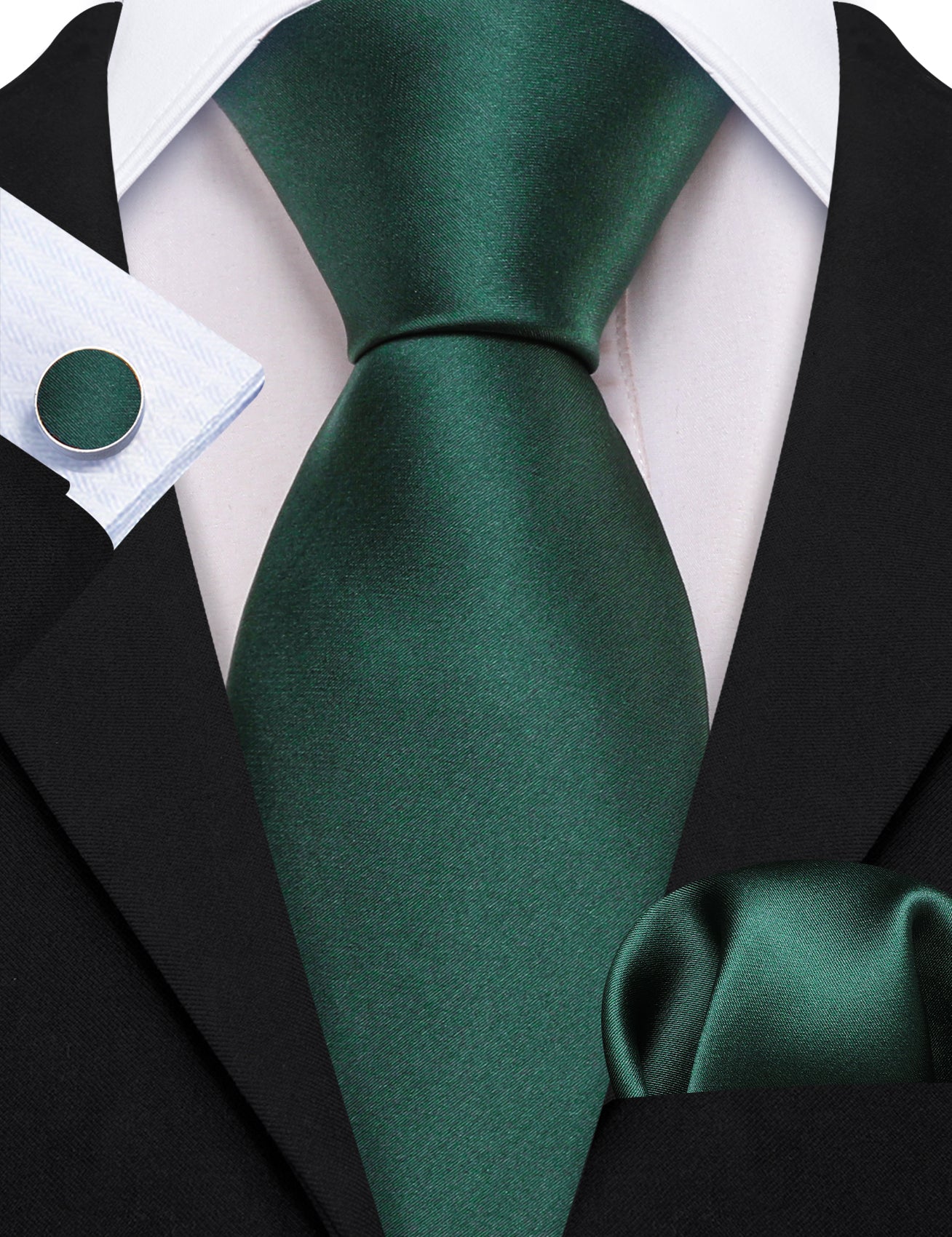 Emerald Green Solid Silk Mens Tie Handkerchief Cufflinks Set