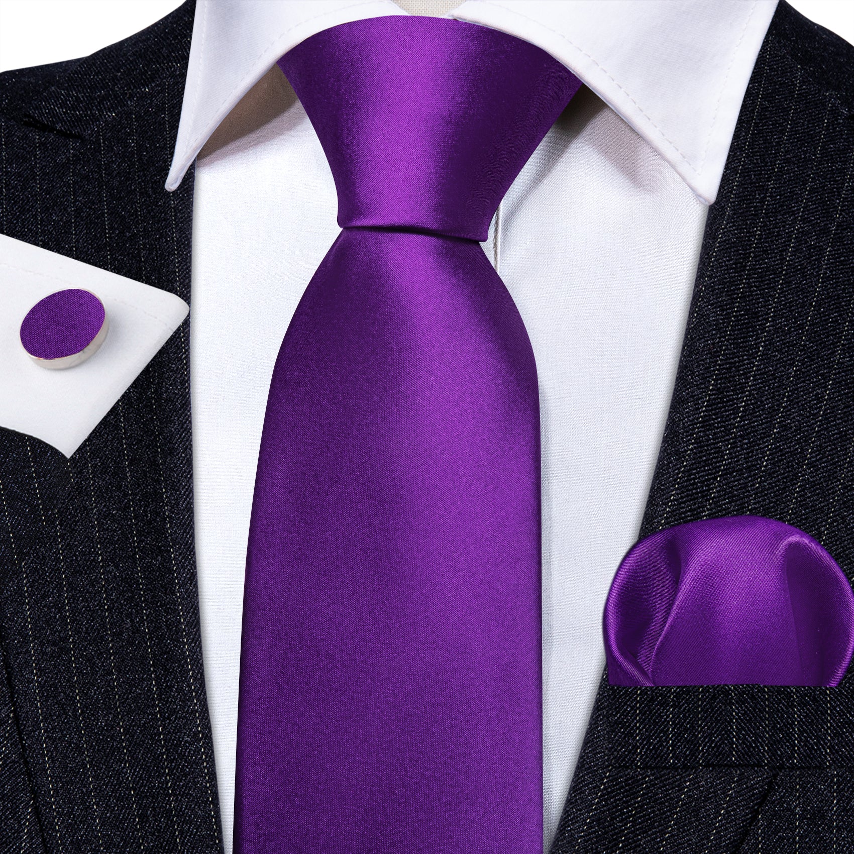 Shining Purple Solid Silk Tie Handkerchief Cufflinks Set