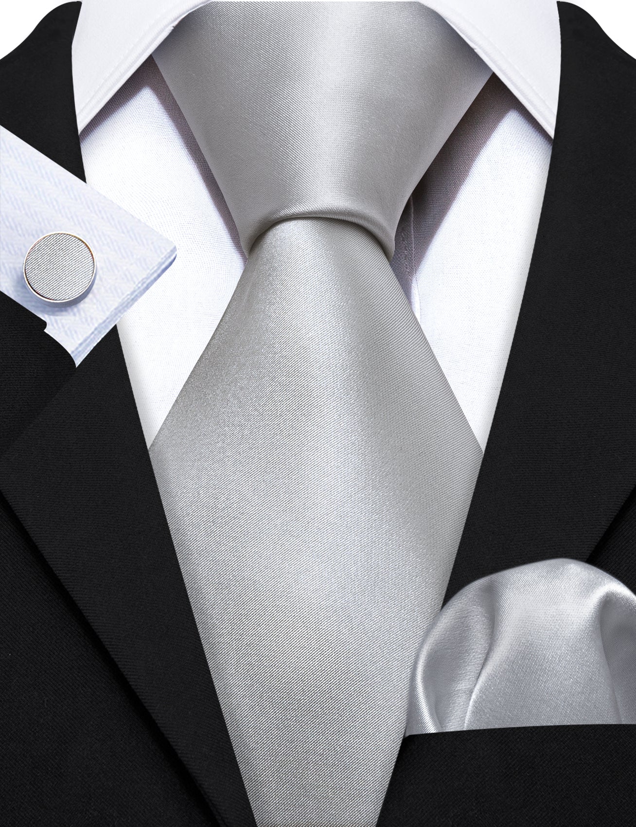 Grey White Solid Silk Tie Handkerchief Cufflinks Set