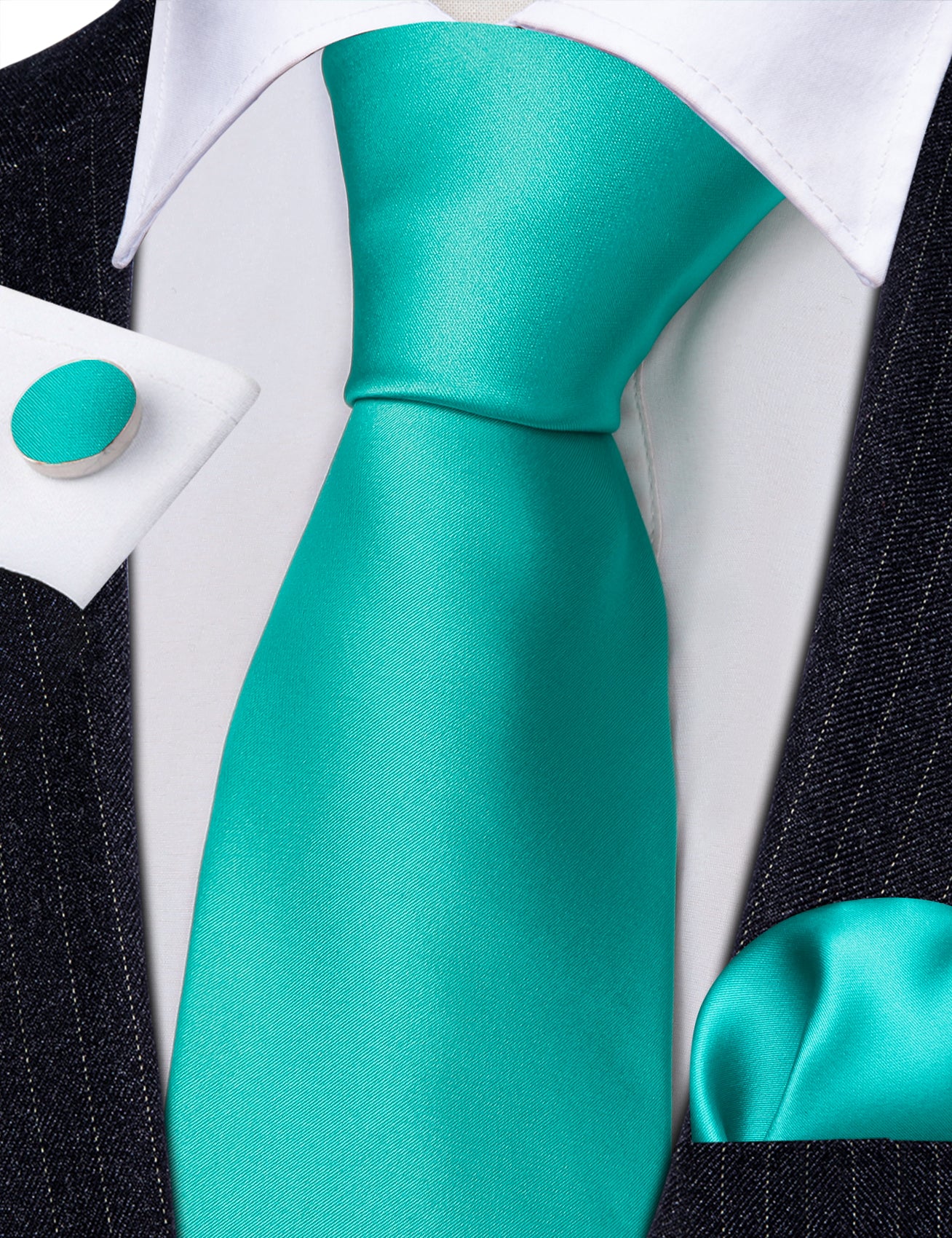 Pale Green Solid Silk Tie Handkerchief Cufflinks Set
