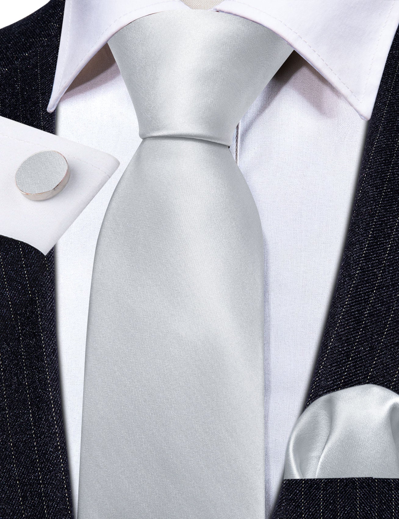 Silver White Solid Silk Tie Handkerchief Cufflinks Set