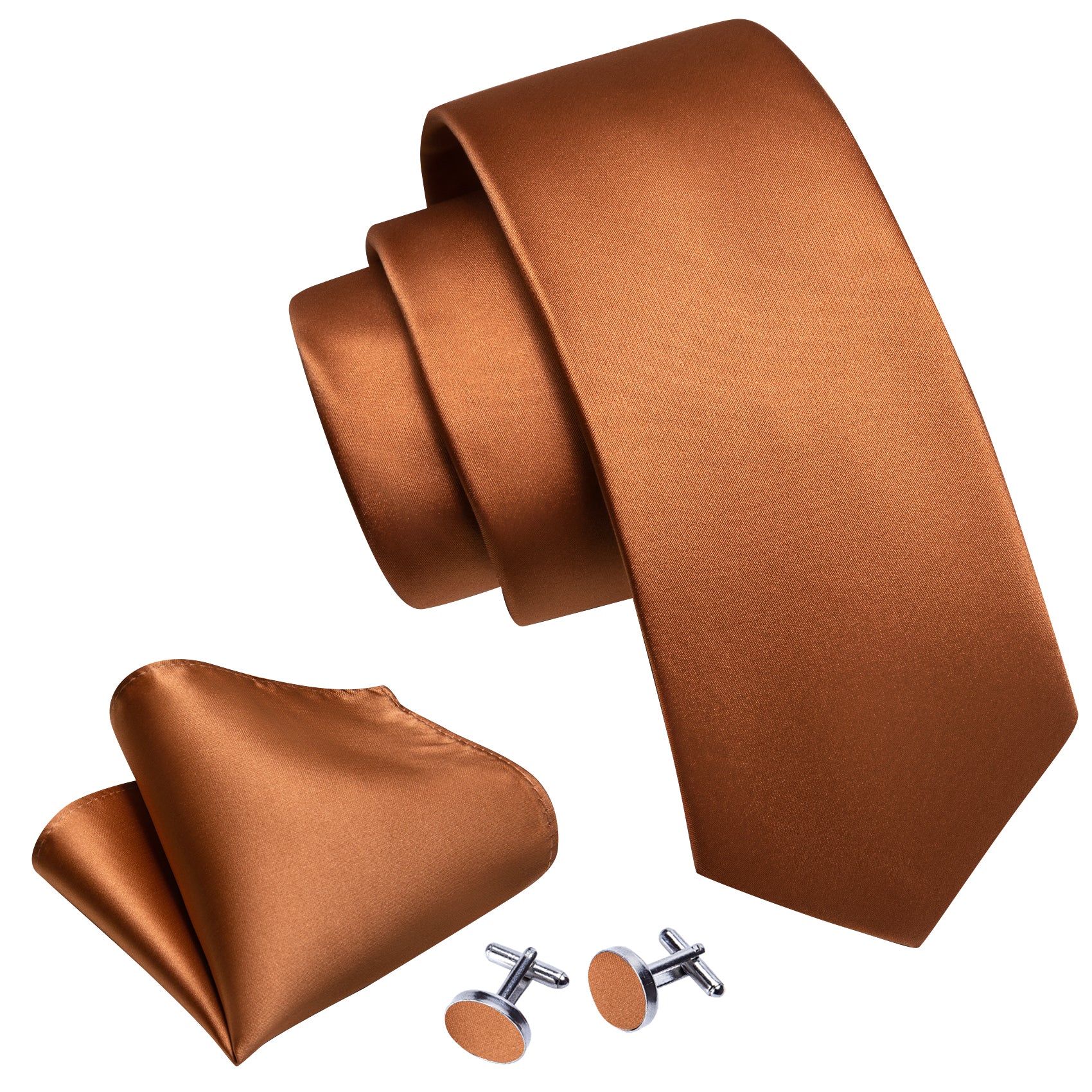 Barry.wang Men's Tie Peru Brown Solid Silk Tie Hanky Cufflinks Set