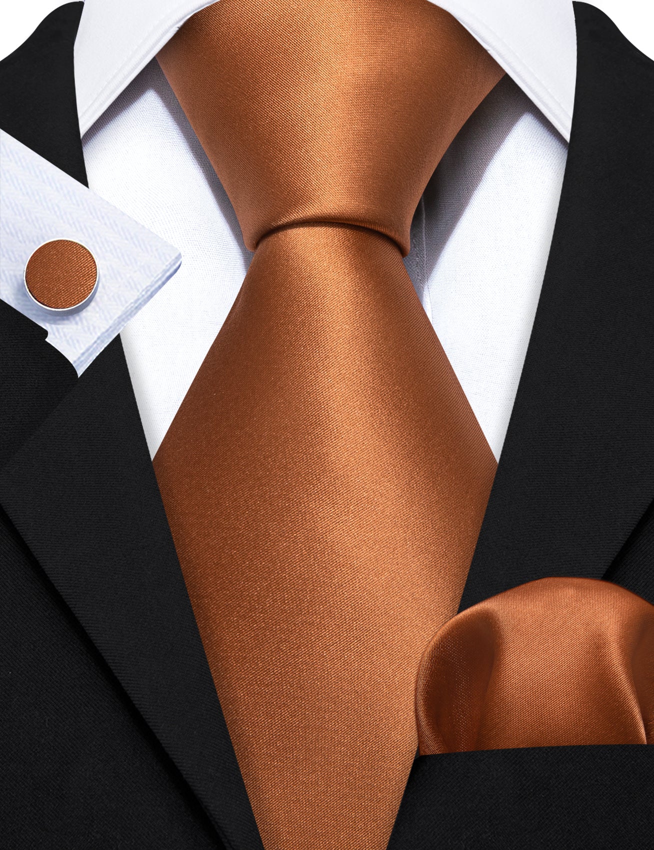 Barry.wang Men's Tie Peru Brown Solid Silk Tie Hanky Cufflinks Set