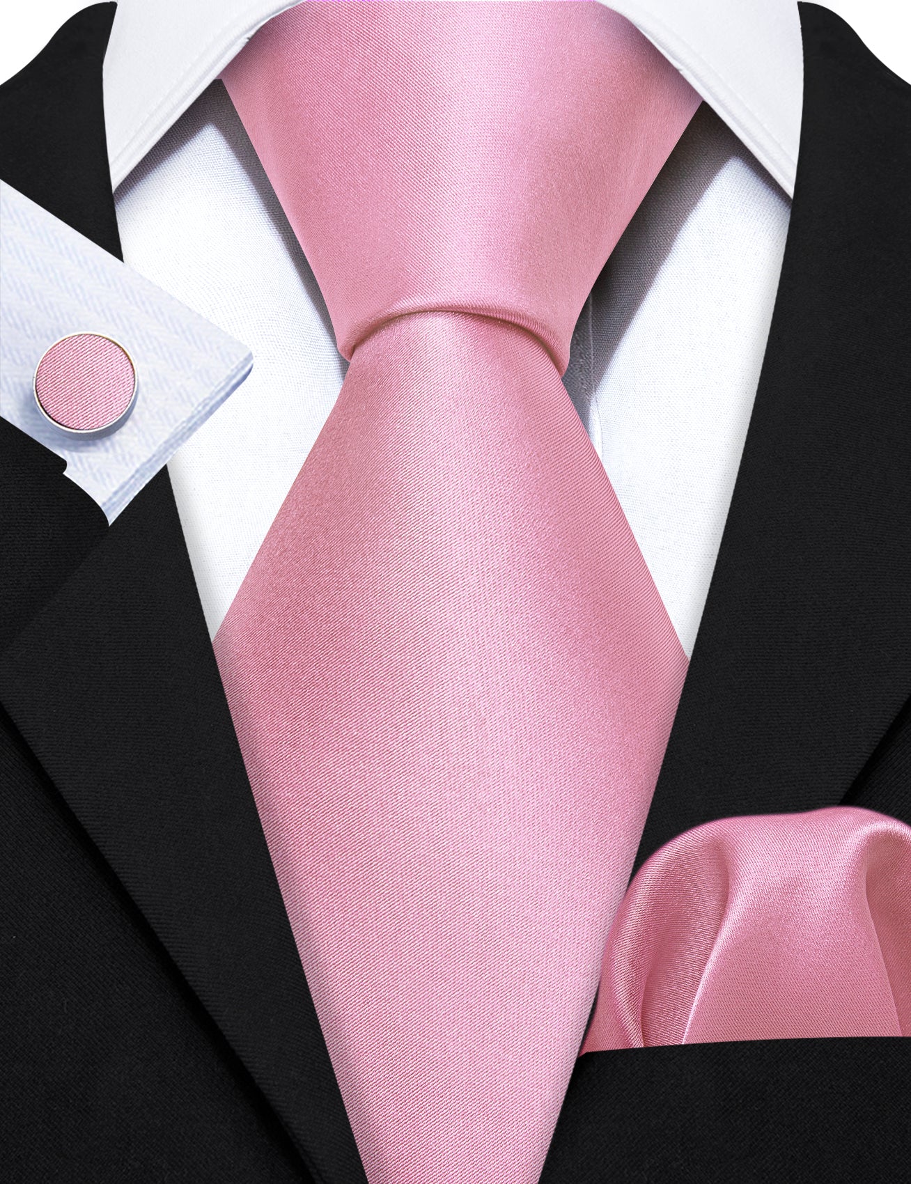 Light Pink Solid Silk Tie Handkerchief Cufflinks Set