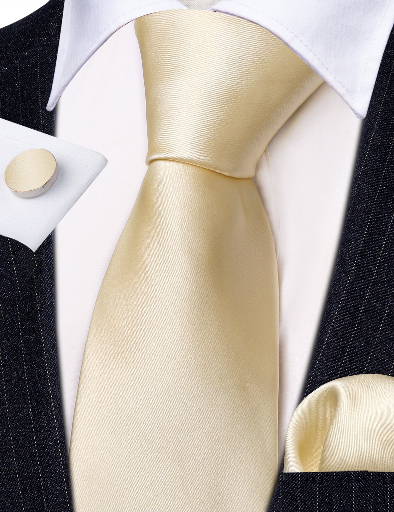 Lemon Yellow Solid Silk Tie Handkerchief Cufflinks Set
