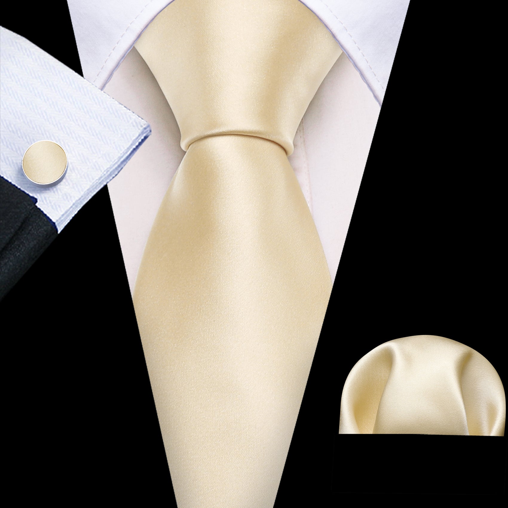 Lemon Yellow Solid Silk Tie Handkerchief Cufflinks Set