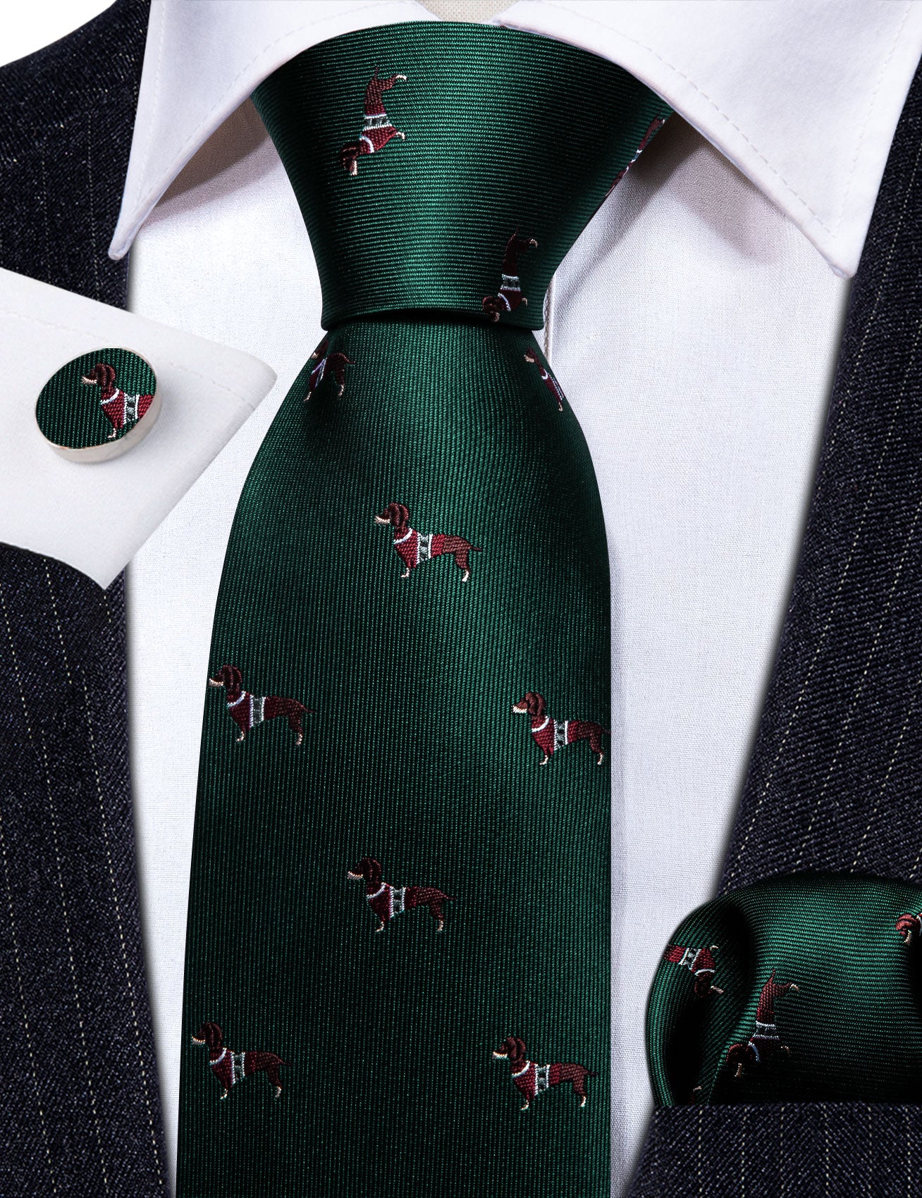 Green Red Dog Print Silk Tie Handkerchief Cufflinks Set