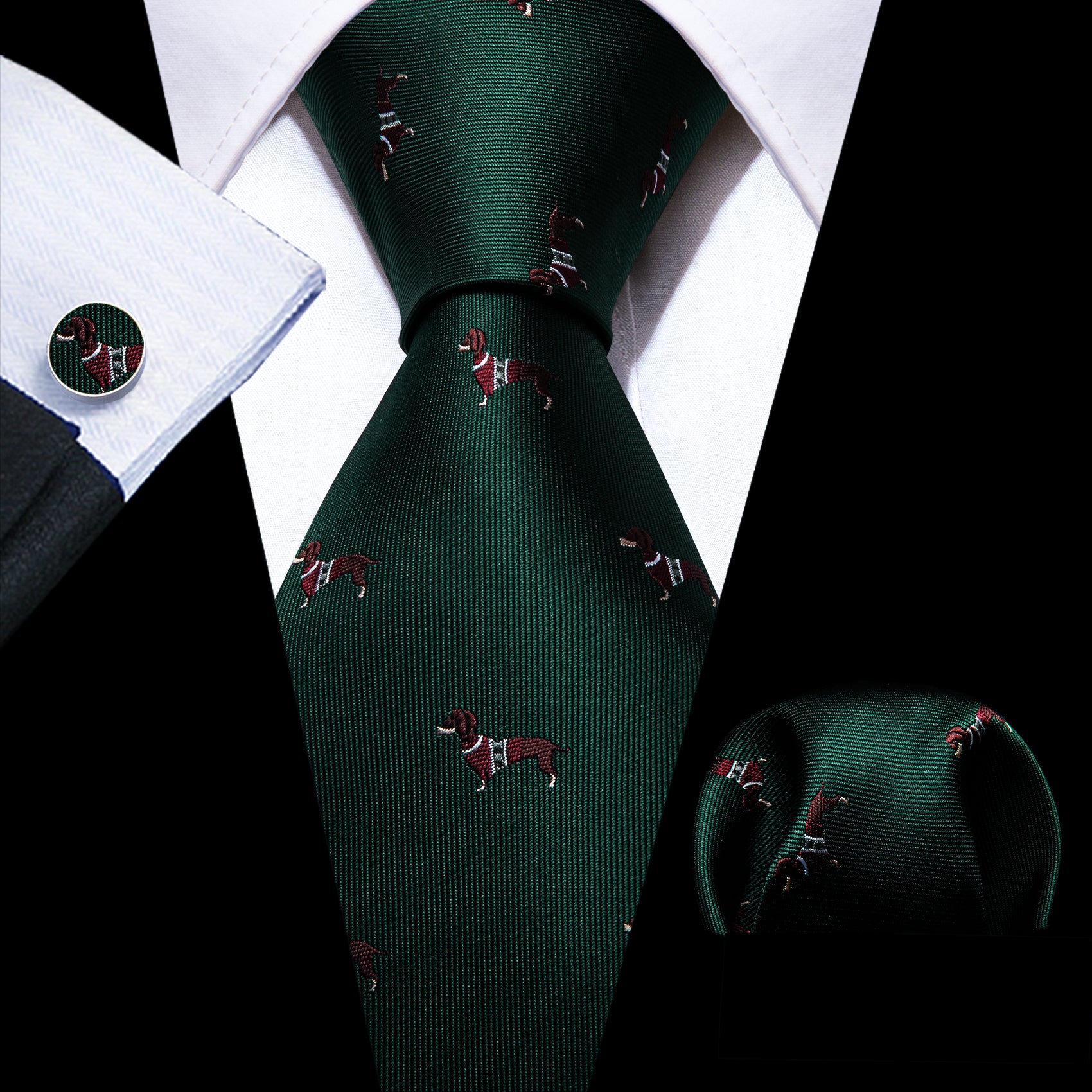 Green Red Dog Print Silk Tie Handkerchief Cufflinks Set