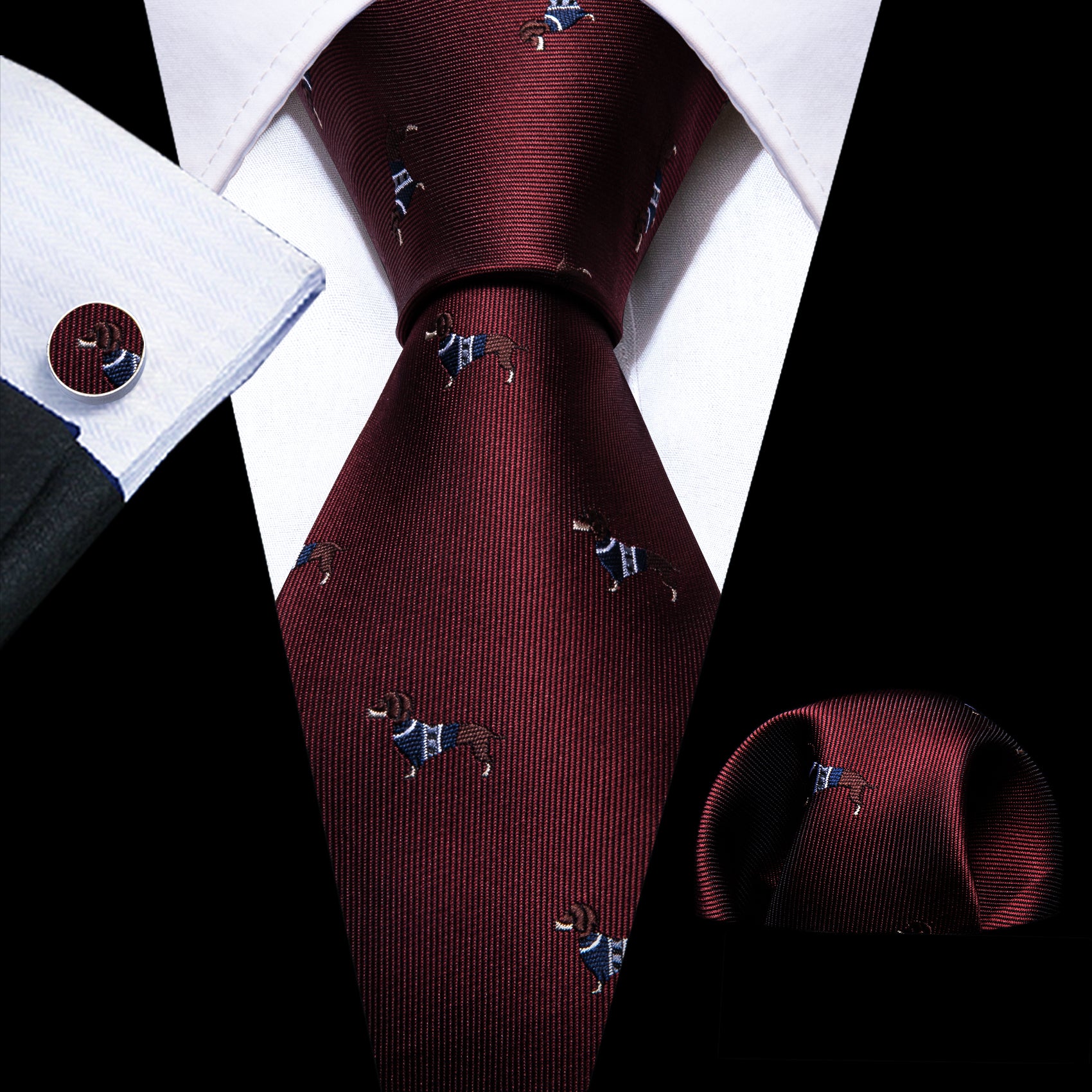 Burgundy Red Brown Dog Print Silk Tie Handkerchief Cufflinks Set