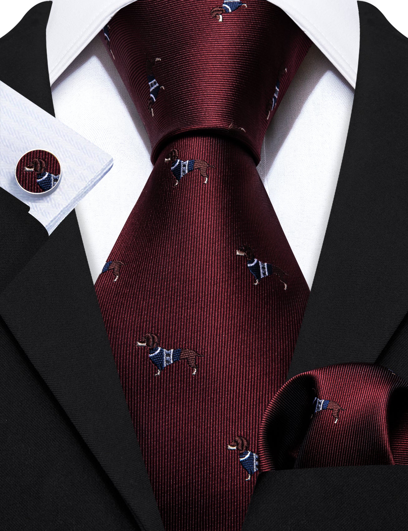 Burgundy Red Brown Dog Print Silk Tie Handkerchief Cufflinks Set