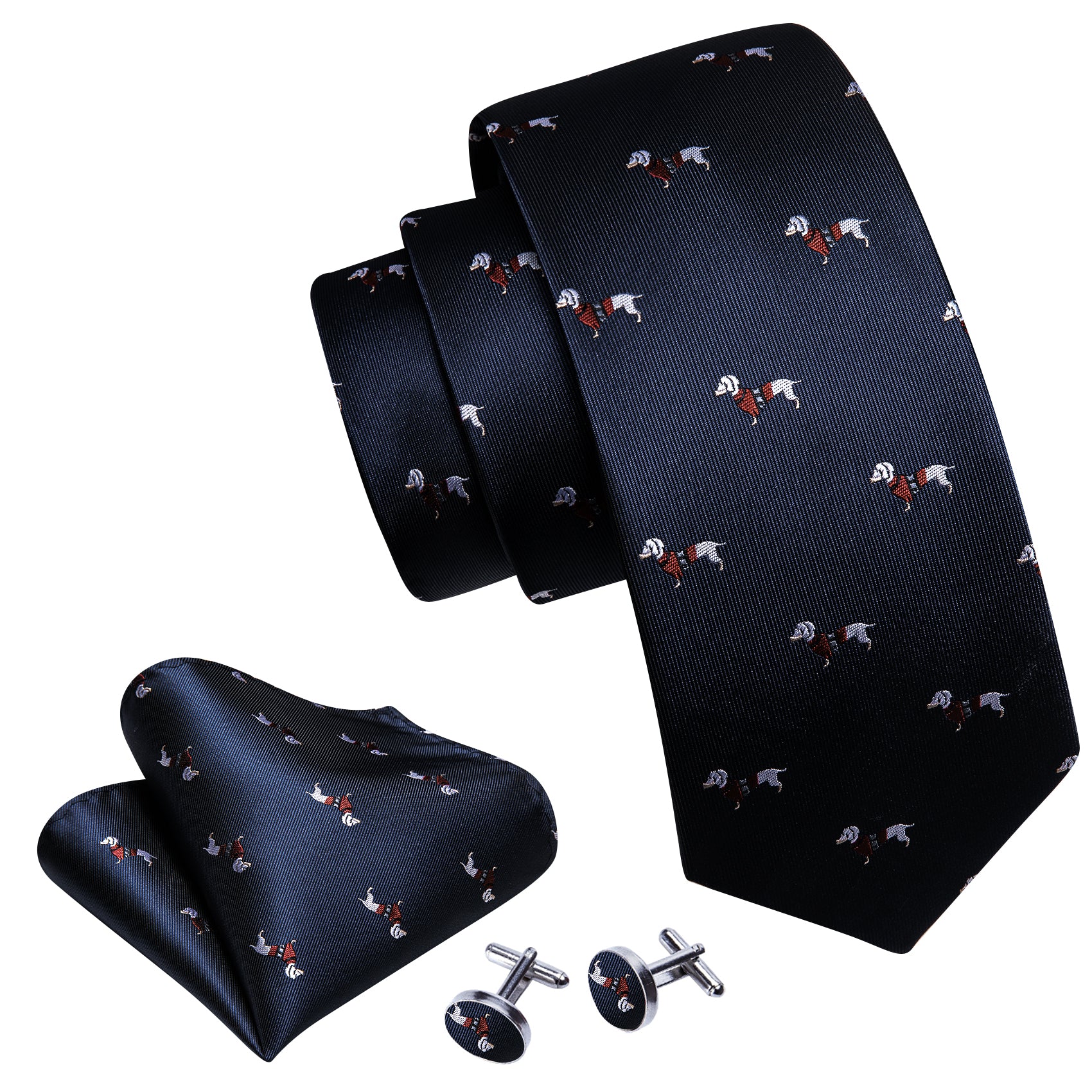 Blue White Dog Print Silk Tie Handkerchief Cufflinks Set