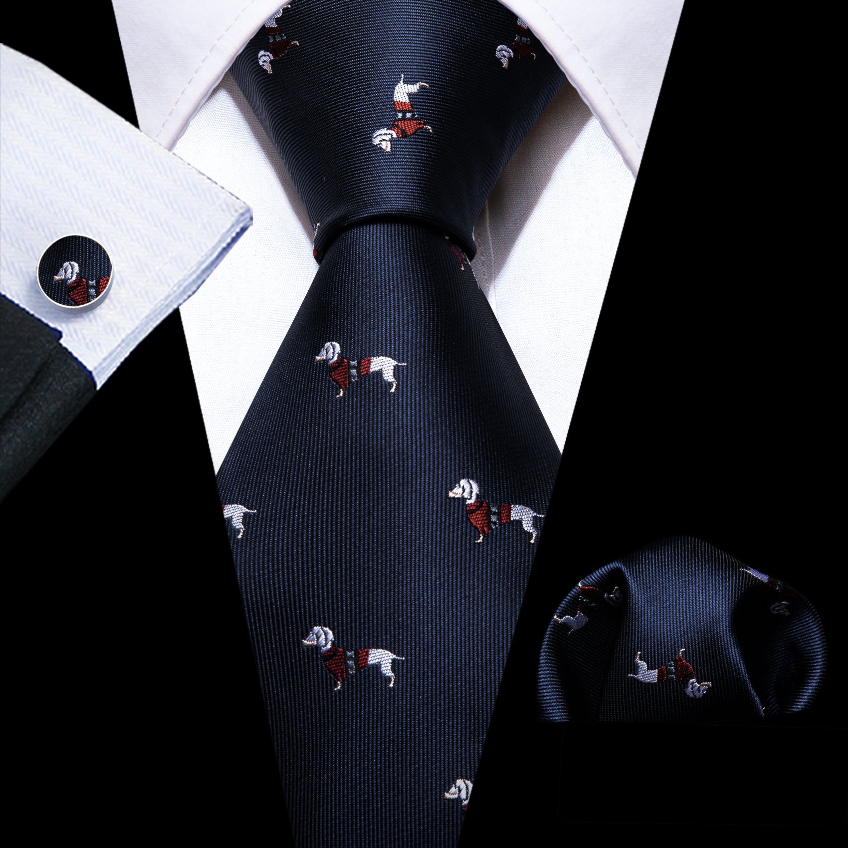 Blue White Dog Print Silk Tie Handkerchief Cufflinks Set