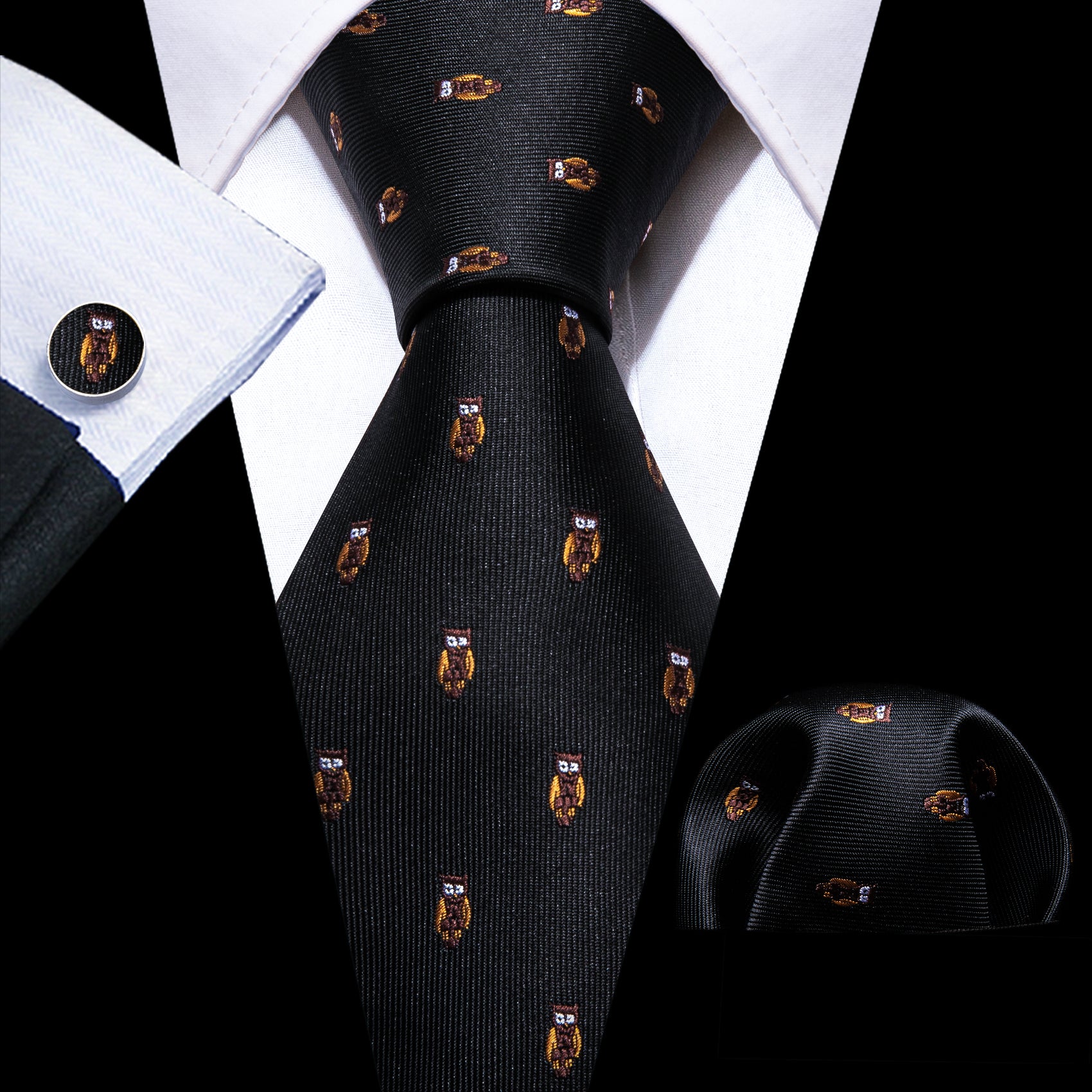 Barry.wang Black Tie Brown Owl Print Silk Tie Handkerchief Cufflinks Set