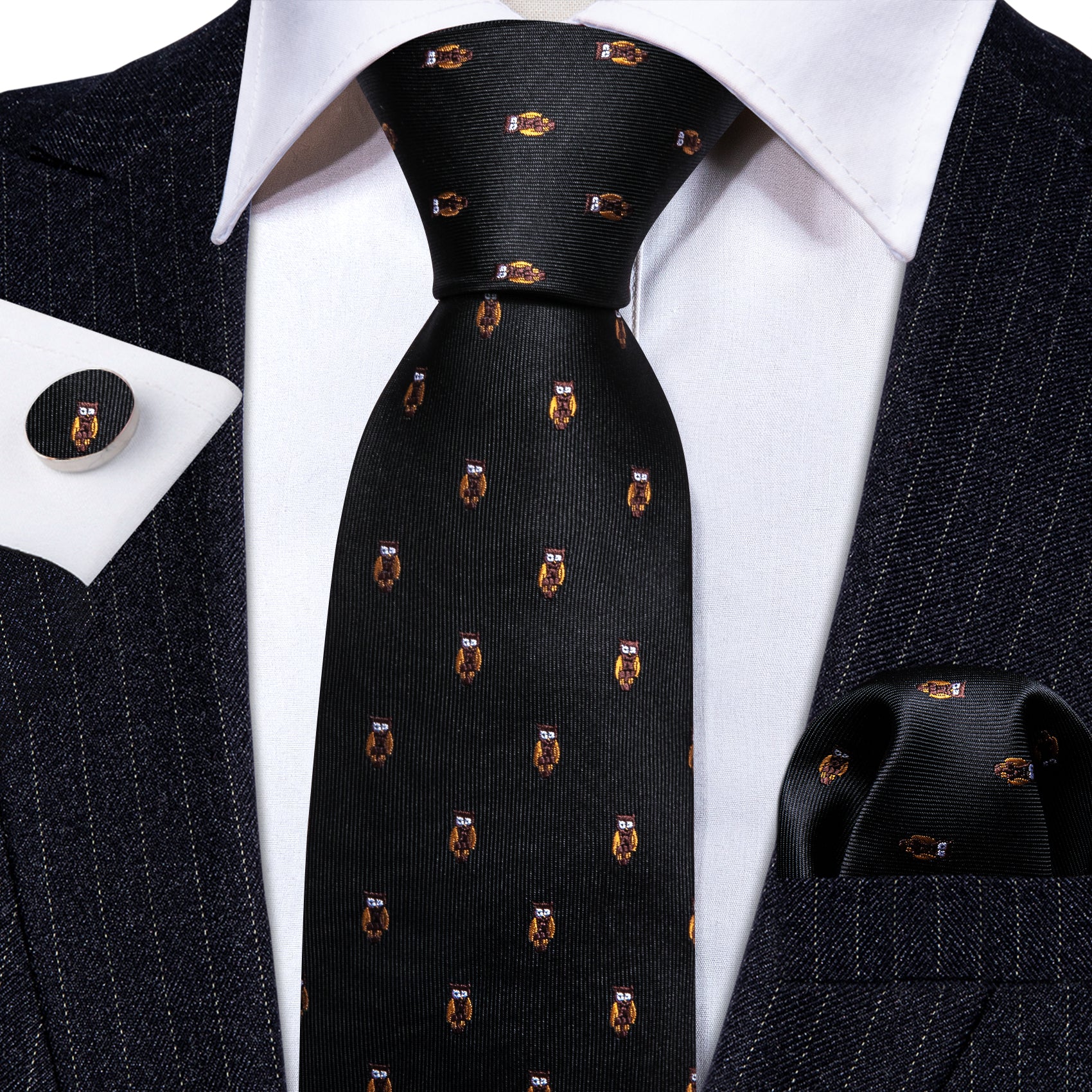 Black Brown Owl Print Silk Tie Handkerchief Cufflinks Set