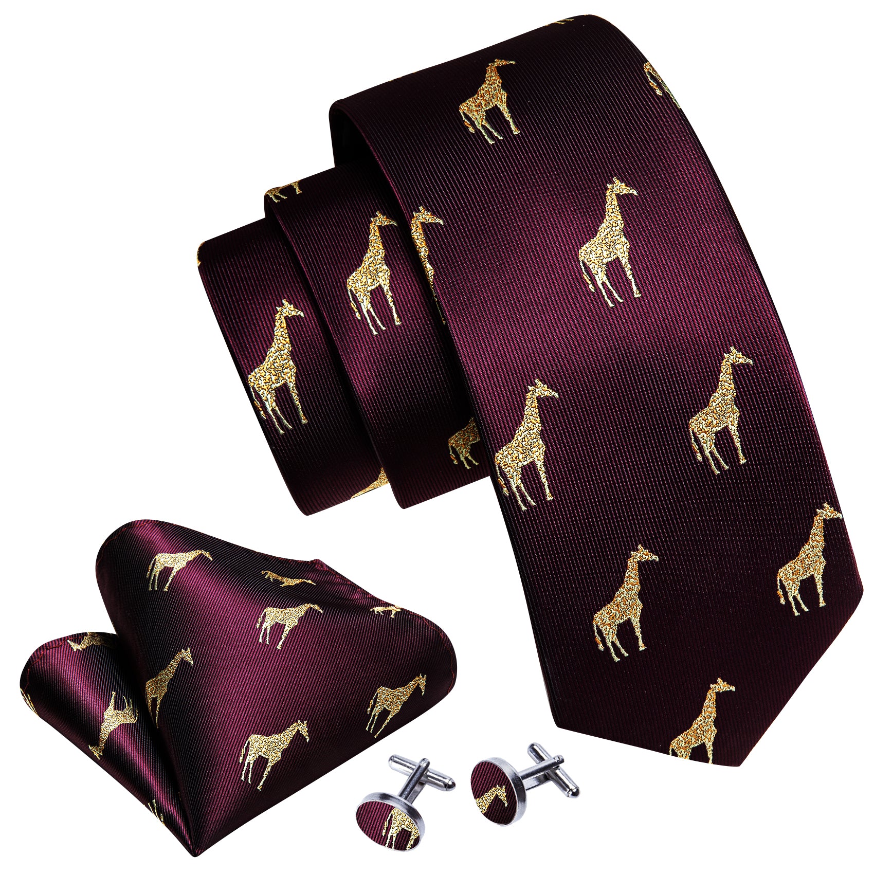 Burgundy Red Gold Giraffe Print Silk Tie Handkerchief Cufflinks Set