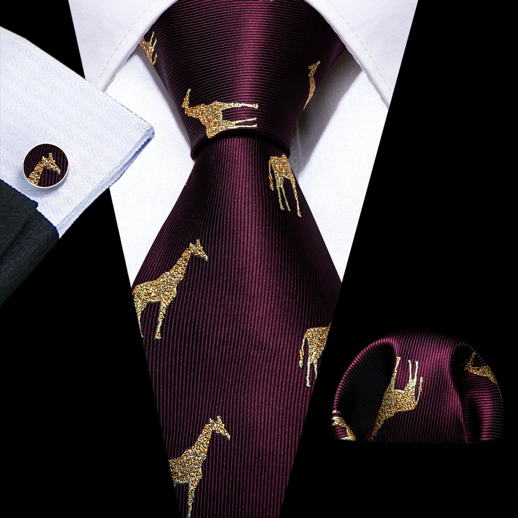 Burgundy Red Gold Giraffe Print Silk Tie Handkerchief Cufflinks Set