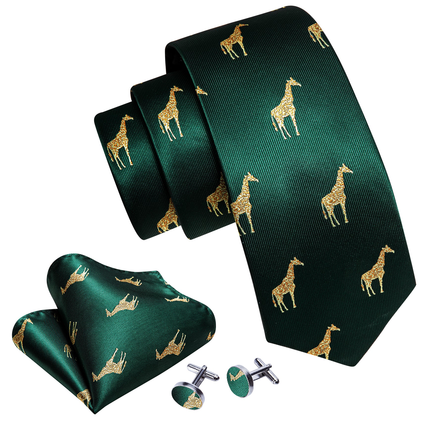 Green Gold Giraffe Print Silk Tie Handkerchief Cufflinks Set
