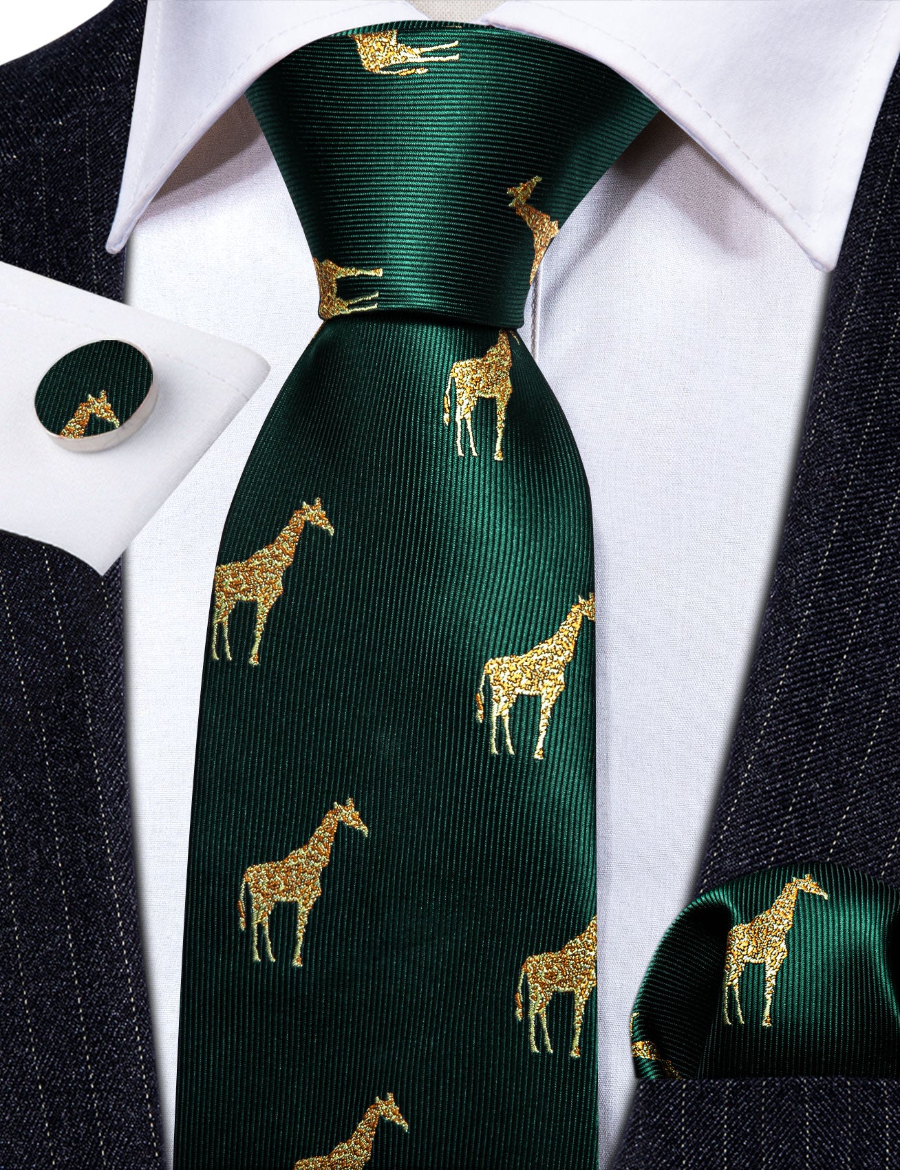 Barry Wang Green Tie Gold Giraffe Print Silk Tie Handkerchief Cufflinks Set