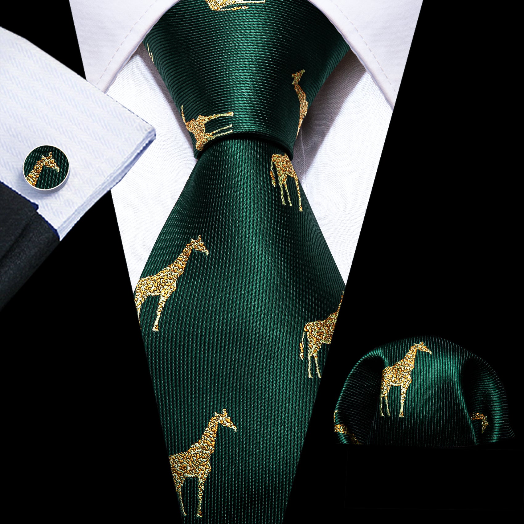 Barry Wang Green Tie Gold Giraffe Print Silk Tie Handkerchief Cufflinks Set