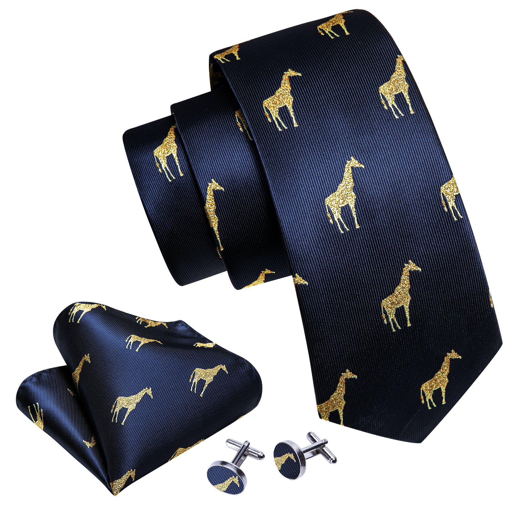 Blue Gold Giraffe Print Silk Tie Handkerchief Cufflinks Set