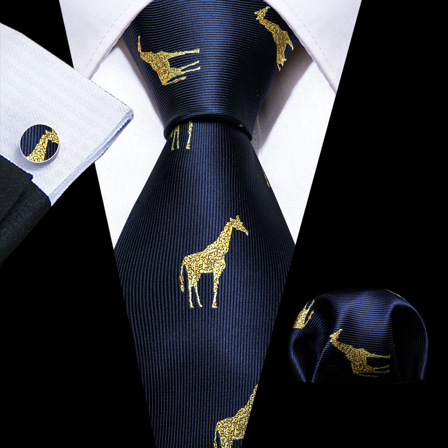 Blue Gold Giraffe Print Silk Tie Handkerchief Cufflinks Set